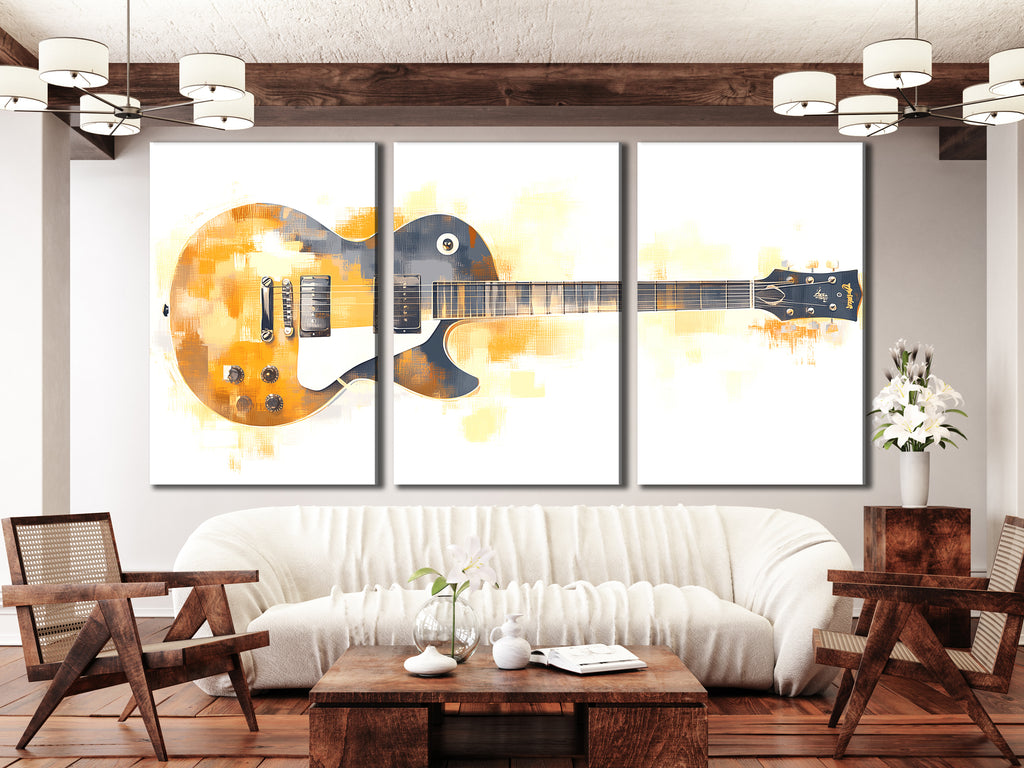 Abstracte elektrische gitaar canvas print - warme goud-witte muziekdecoratie, moderne gitaarkunst