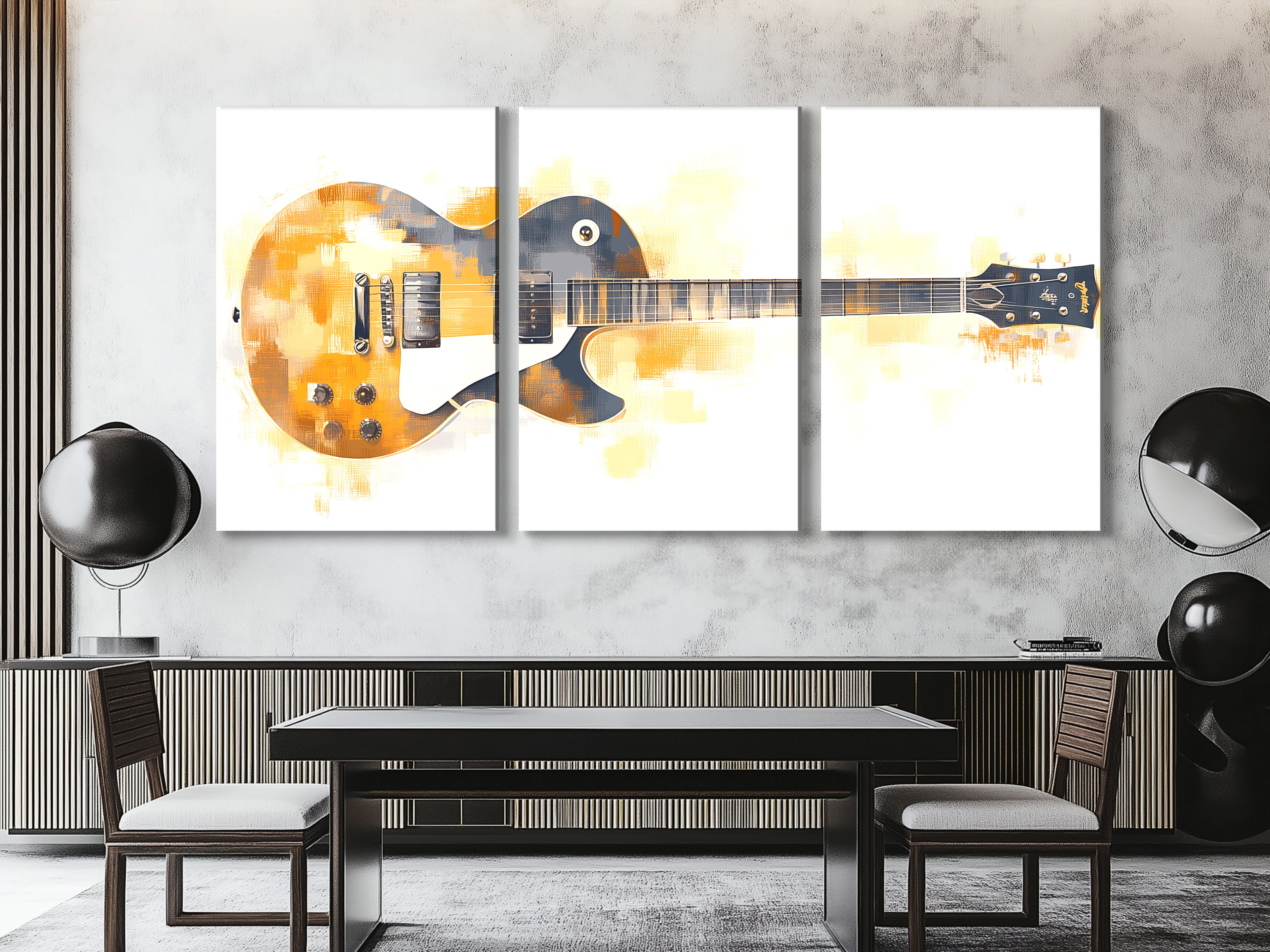 Abstracte elektrische gitaar canvas print - warme goud-witte muziekdecoratie, moderne gitaarkunst