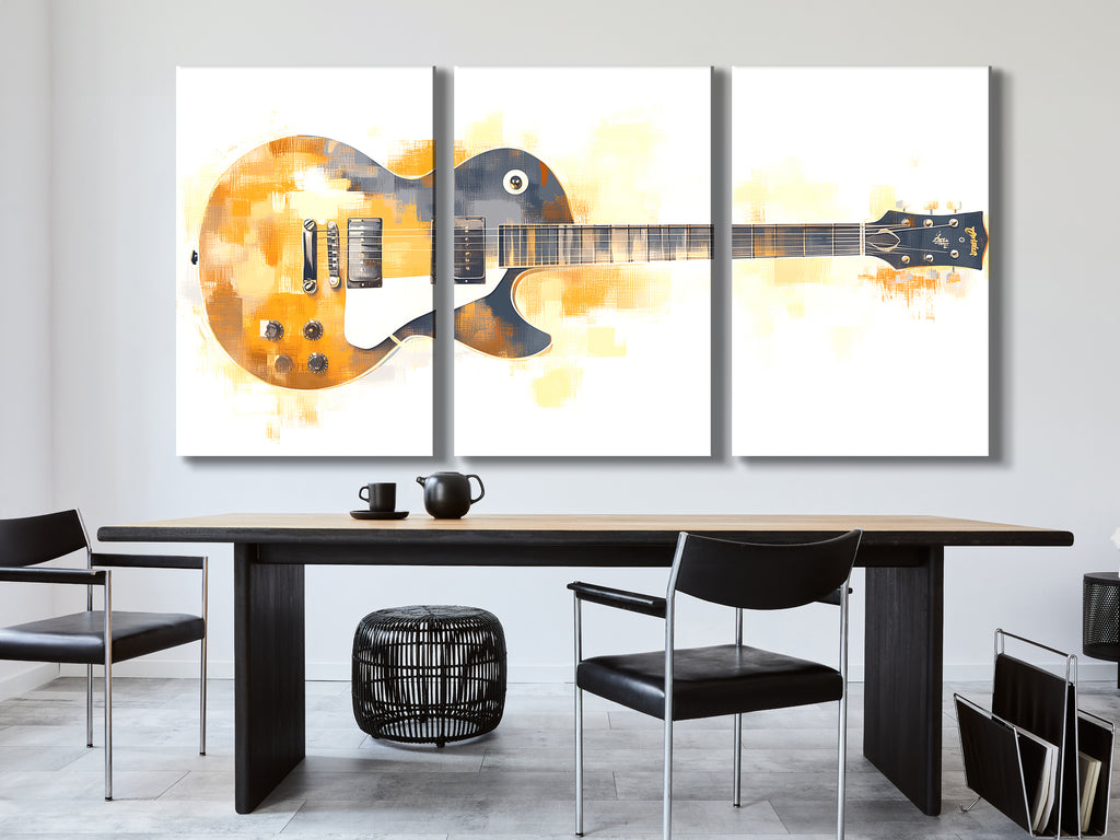 Abstracte elektrische gitaar canvas print - warme goud-witte muziekdecoratie, moderne gitaarkunst