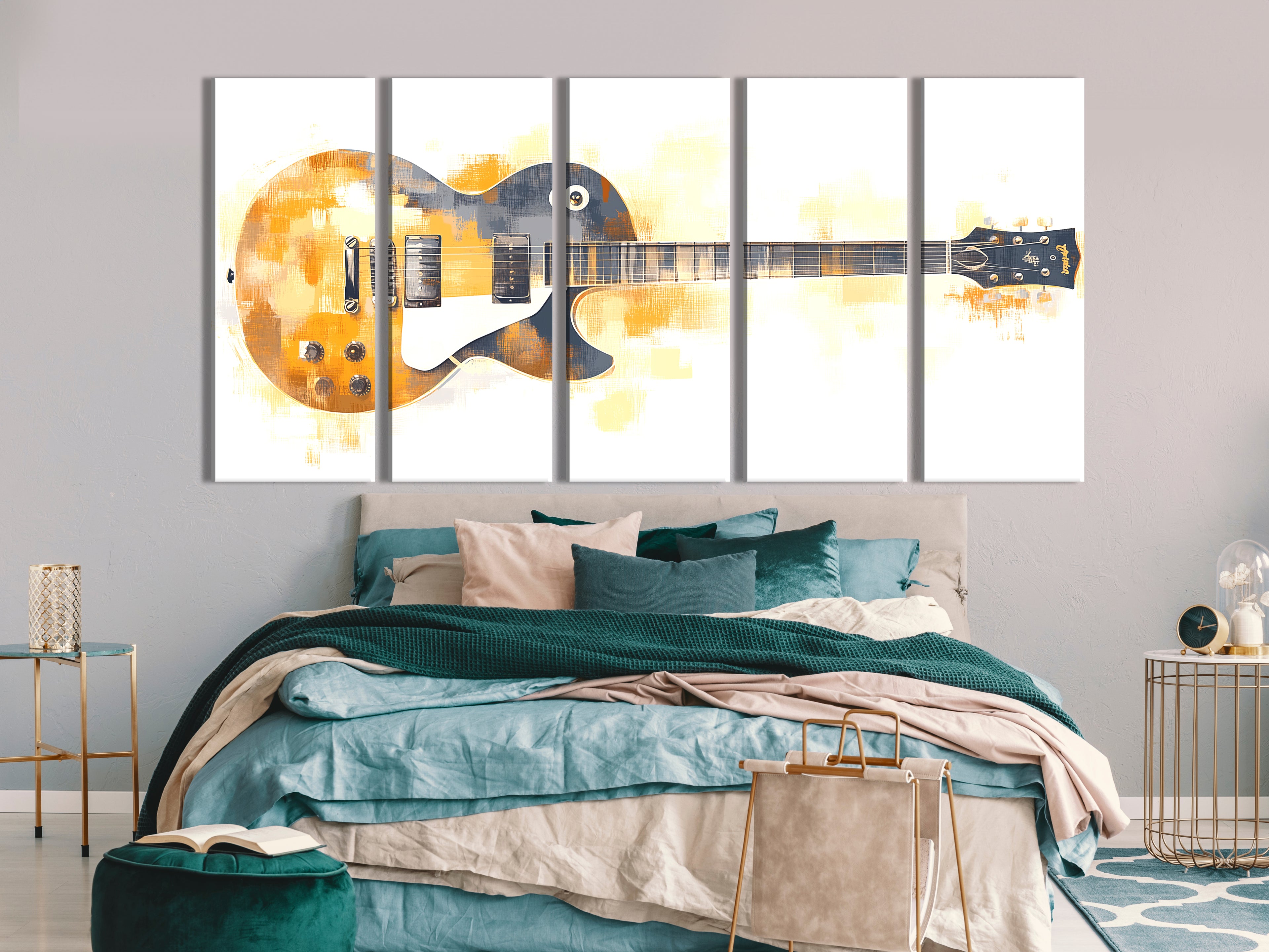 Abstracte elektrische gitaar canvas print - warme goud-witte muziekdecoratie, moderne gitaarkunst