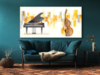 Canvasprint van vleugelpiano en contrabas – elegante muzikale duokunst, gouden abstracte achtergrond