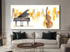 Canvasprint van vleugelpiano en contrabas – elegante muzikale duokunst, gouden abstracte achtergrond