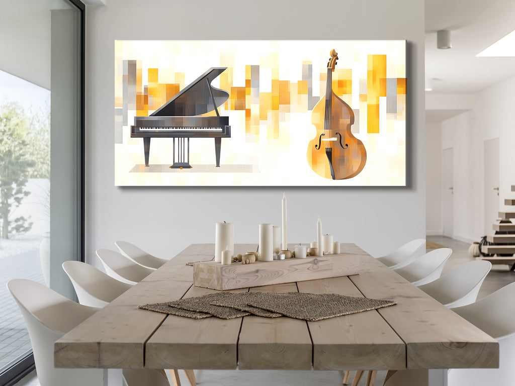 Canvasprint van vleugelpiano en contrabas – elegante muzikale duokunst, gouden abstracte achtergrond