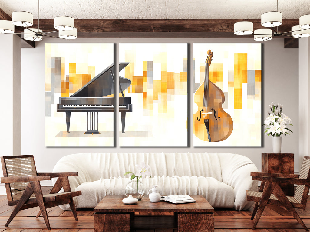 Canvasprint van vleugelpiano en contrabas – elegante muzikale duokunst, gouden abstracte achtergrond