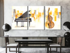 Canvasprint van vleugelpiano en contrabas – elegante muzikale duokunst, gouden abstracte achtergrond