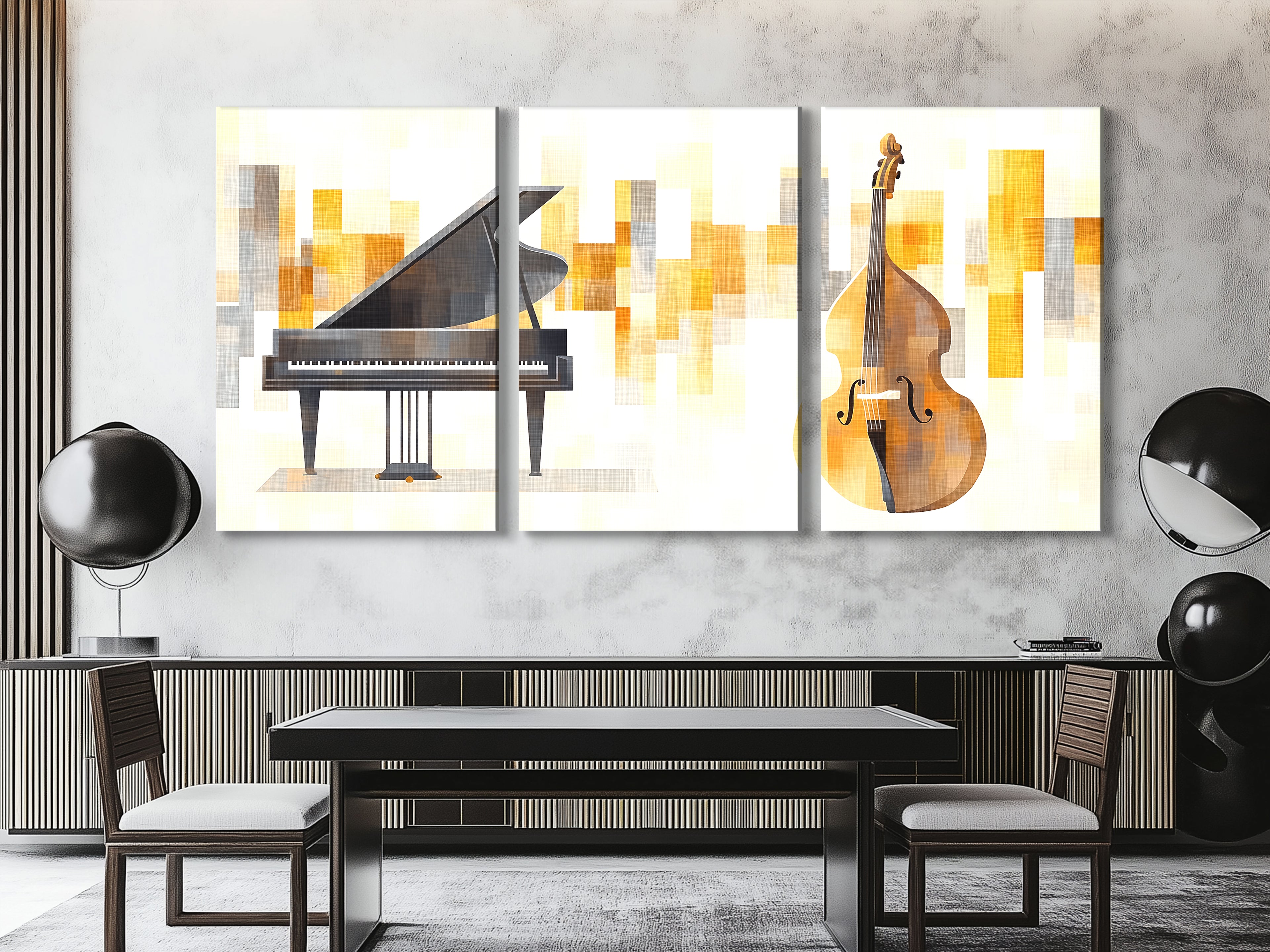 Canvasprint van vleugelpiano en contrabas – elegante muzikale duokunst, gouden abstracte achtergrond