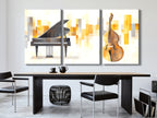 Canvasprint van vleugelpiano en contrabas – elegante muzikale duokunst, gouden abstracte achtergrond