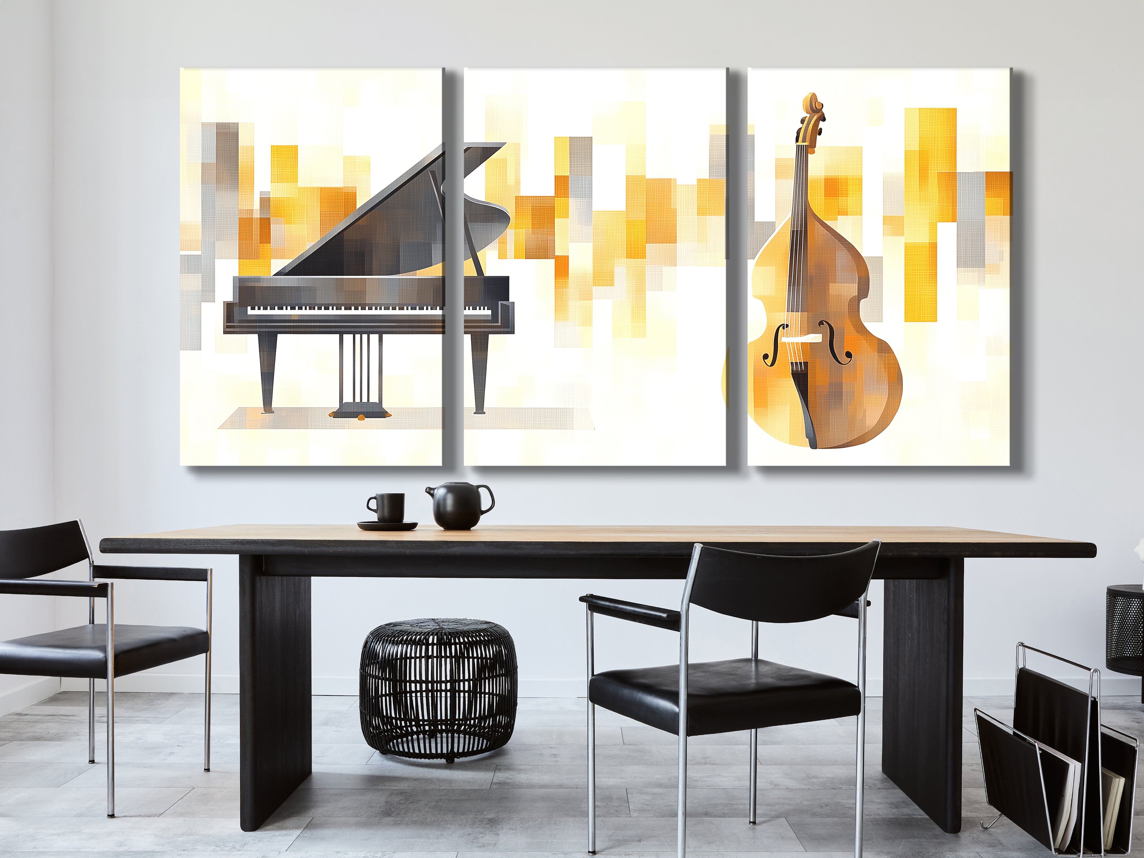 Canvasprint van vleugelpiano en contrabas – elegante muzikale duokunst, gouden abstracte achtergrond