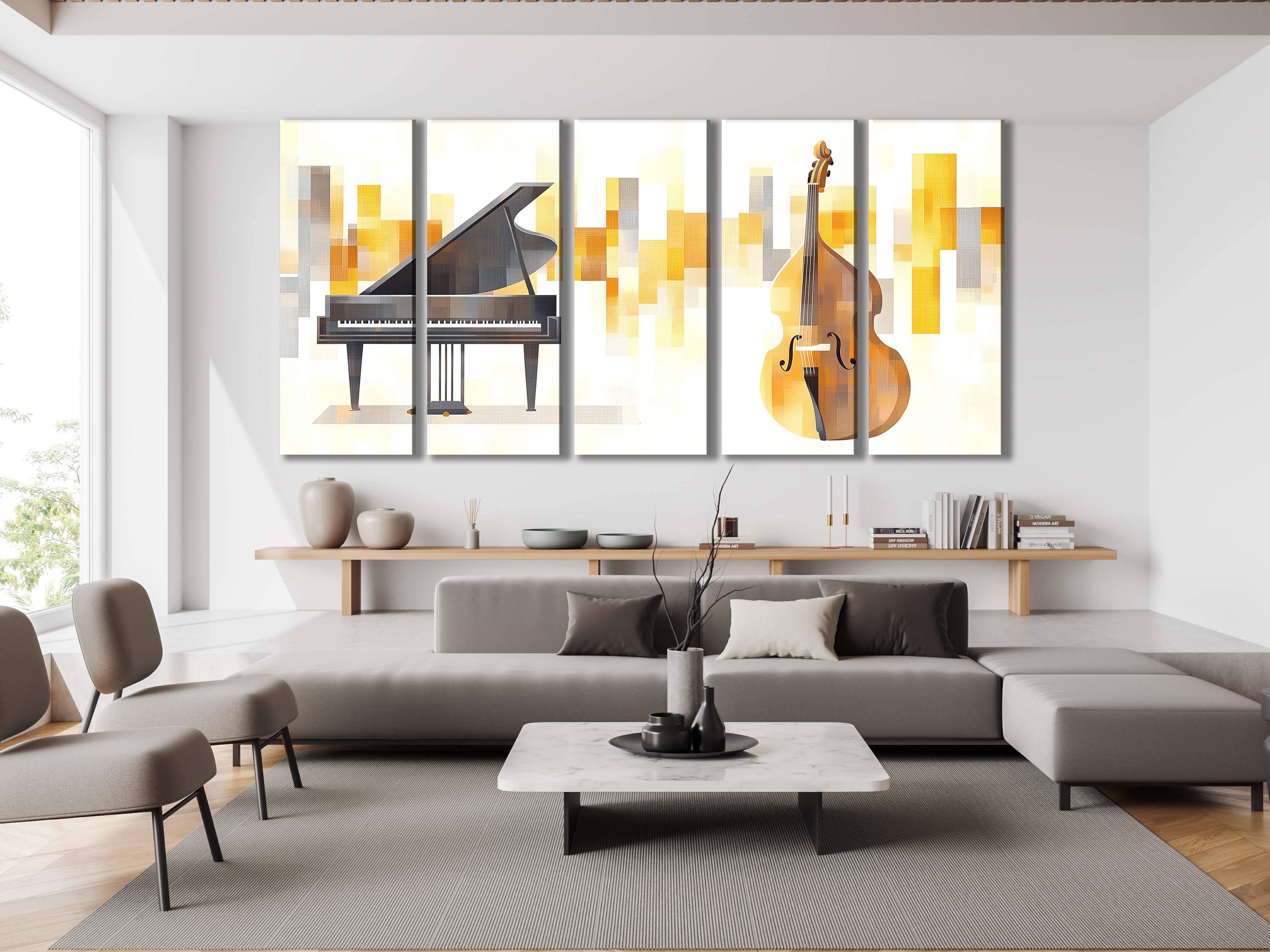 Canvasprint van vleugelpiano en contrabas – elegante muzikale duokunst, gouden abstracte achtergrond
