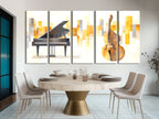 Canvasprint van vleugelpiano en contrabas – elegante muzikale duokunst, gouden abstracte achtergrond