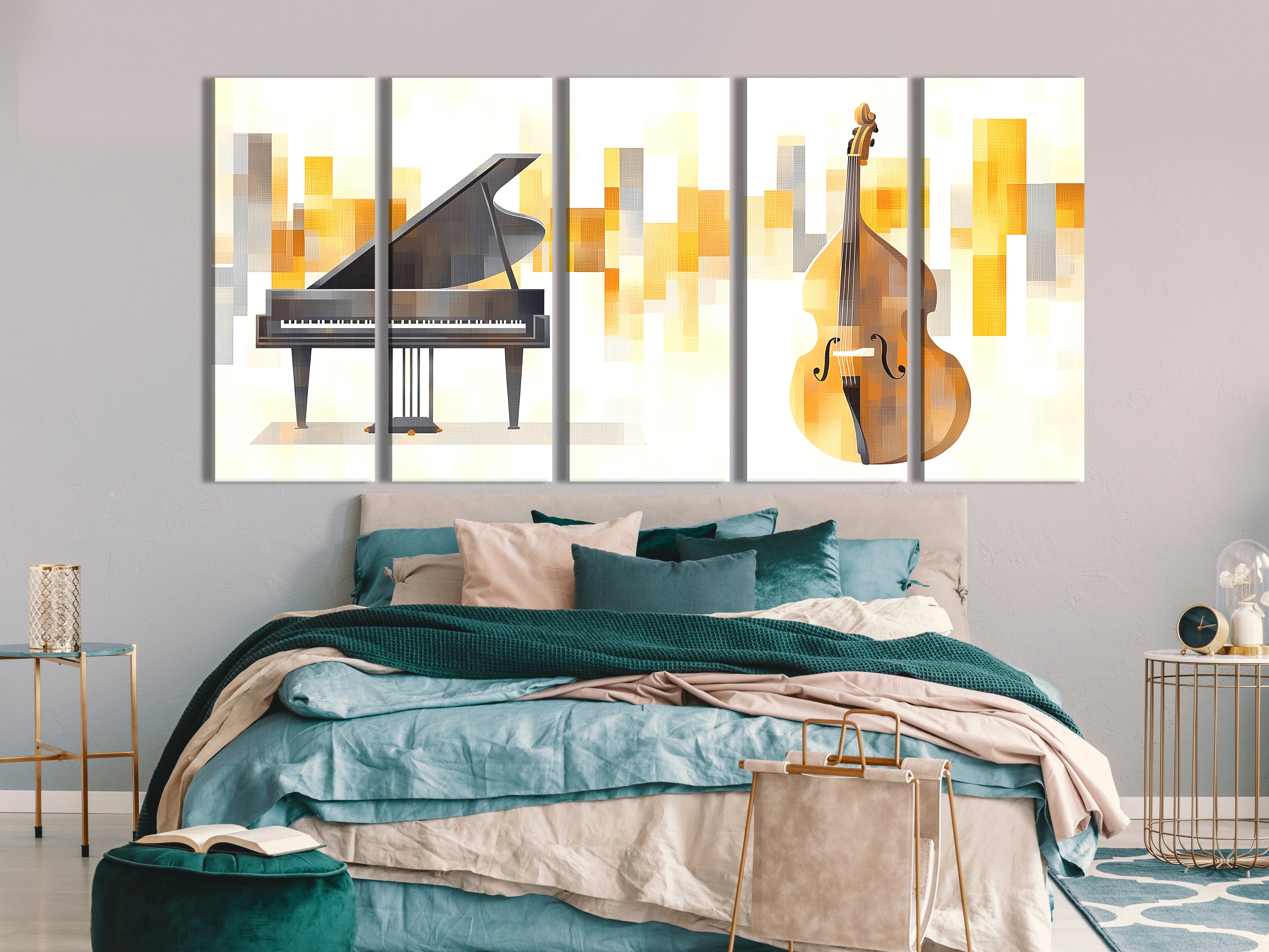Canvasprint van vleugelpiano en contrabas – elegante muzikale duokunst, gouden abstracte achtergrond