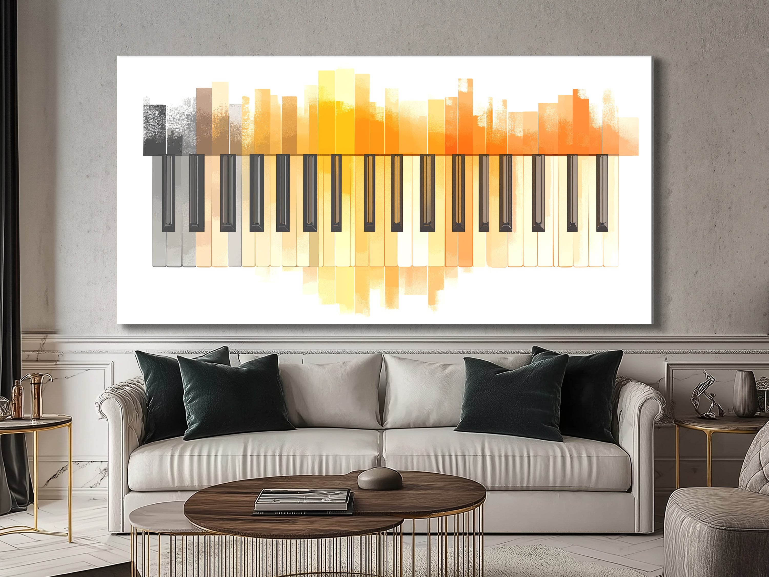 Canvasprint met oranje aquarelpianotoetsen – moderne minimalistische muziekkunst, zachte pianodecoratie