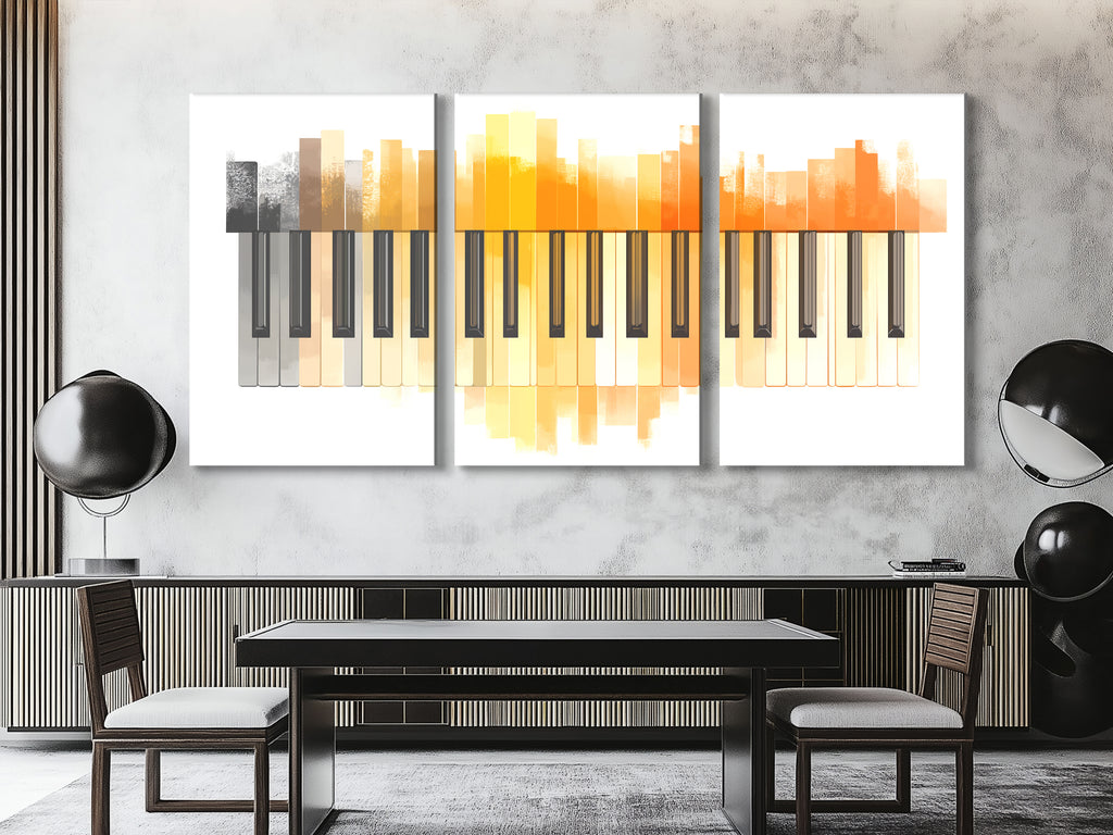 Canvasprint met oranje aquarelpianotoetsen – moderne minimalistische muziekkunst, zachte pianodecoratie