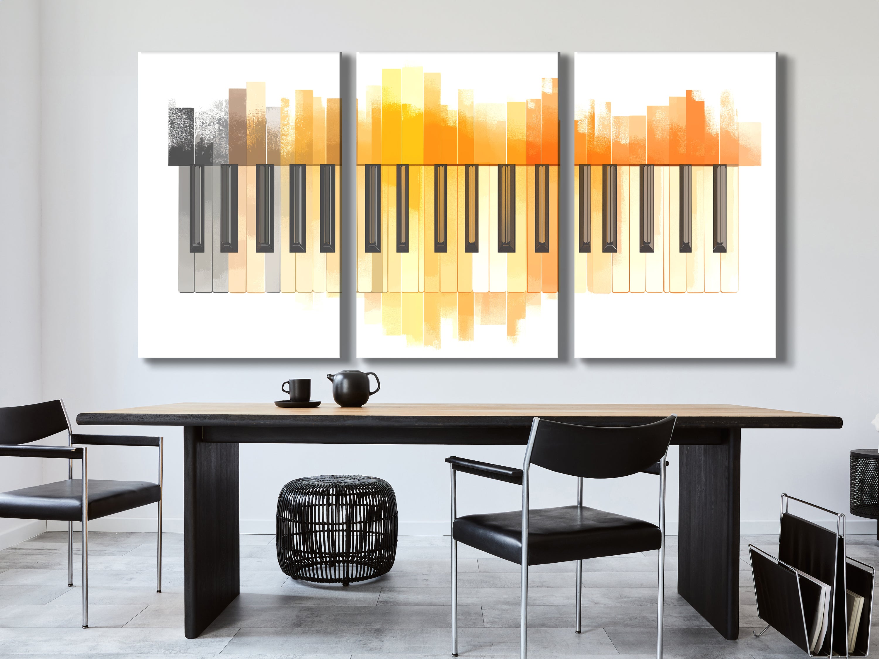 Canvasprint met oranje aquarelpianotoetsen – moderne minimalistische muziekkunst, zachte pianodecoratie