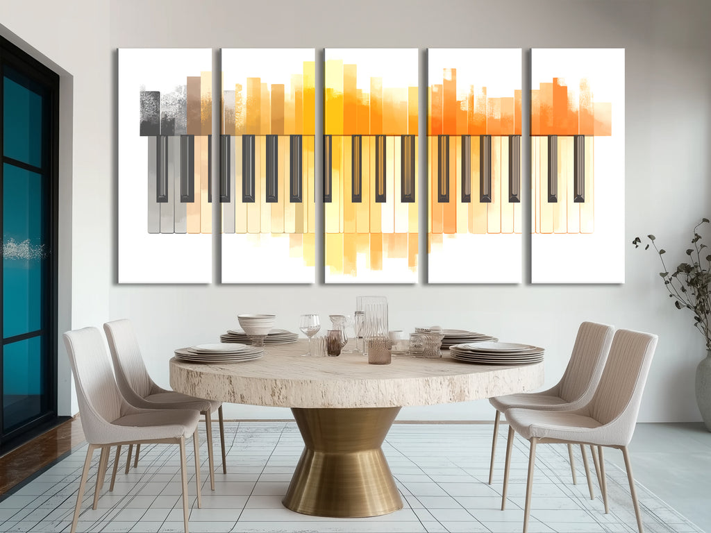 Canvasprint met oranje aquarelpianotoetsen – moderne minimalistische muziekkunst, zachte pianodecoratie