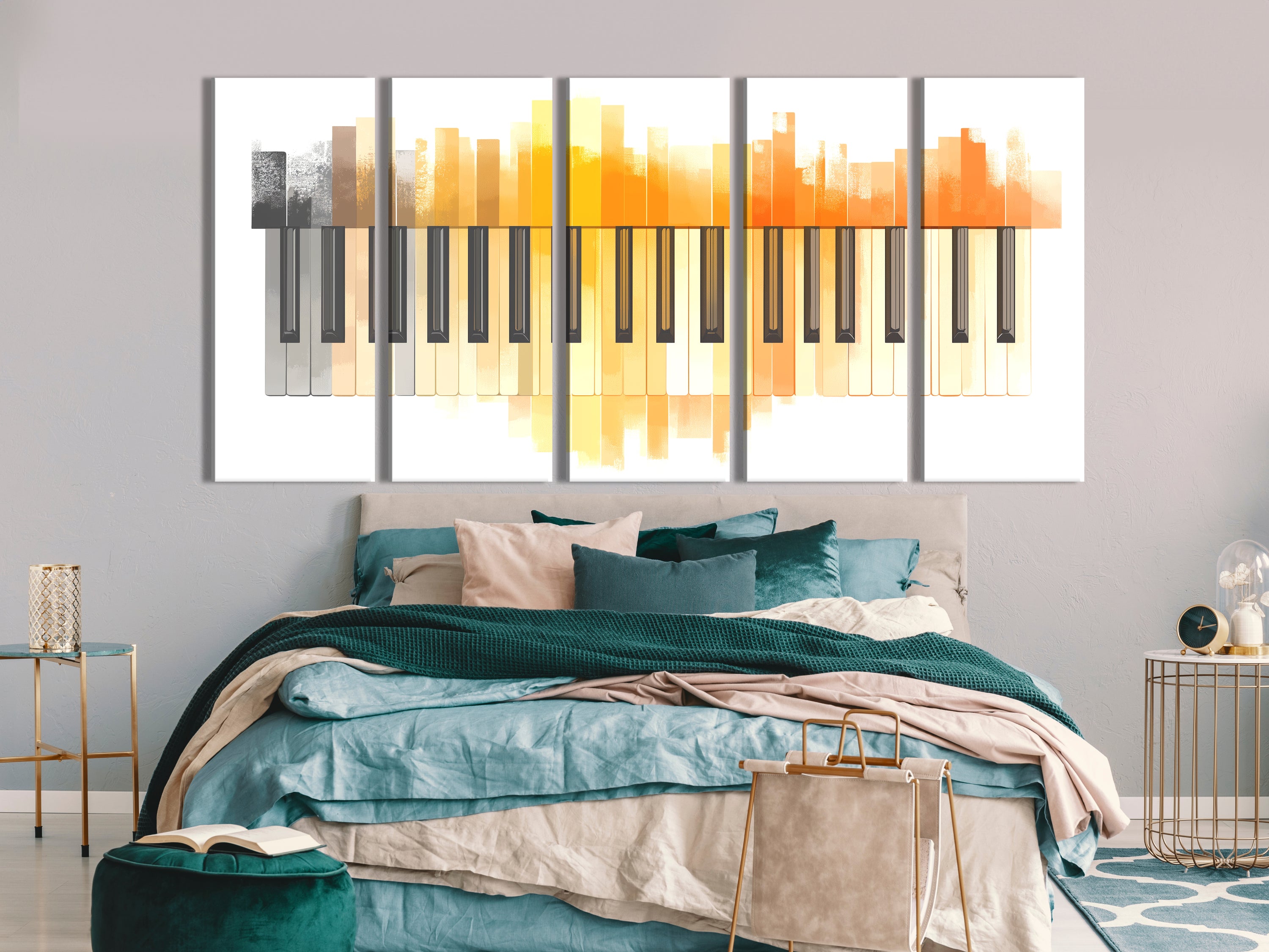 Canvasprint met oranje aquarelpianotoetsen – moderne minimalistische muziekkunst, zachte pianodecoratie