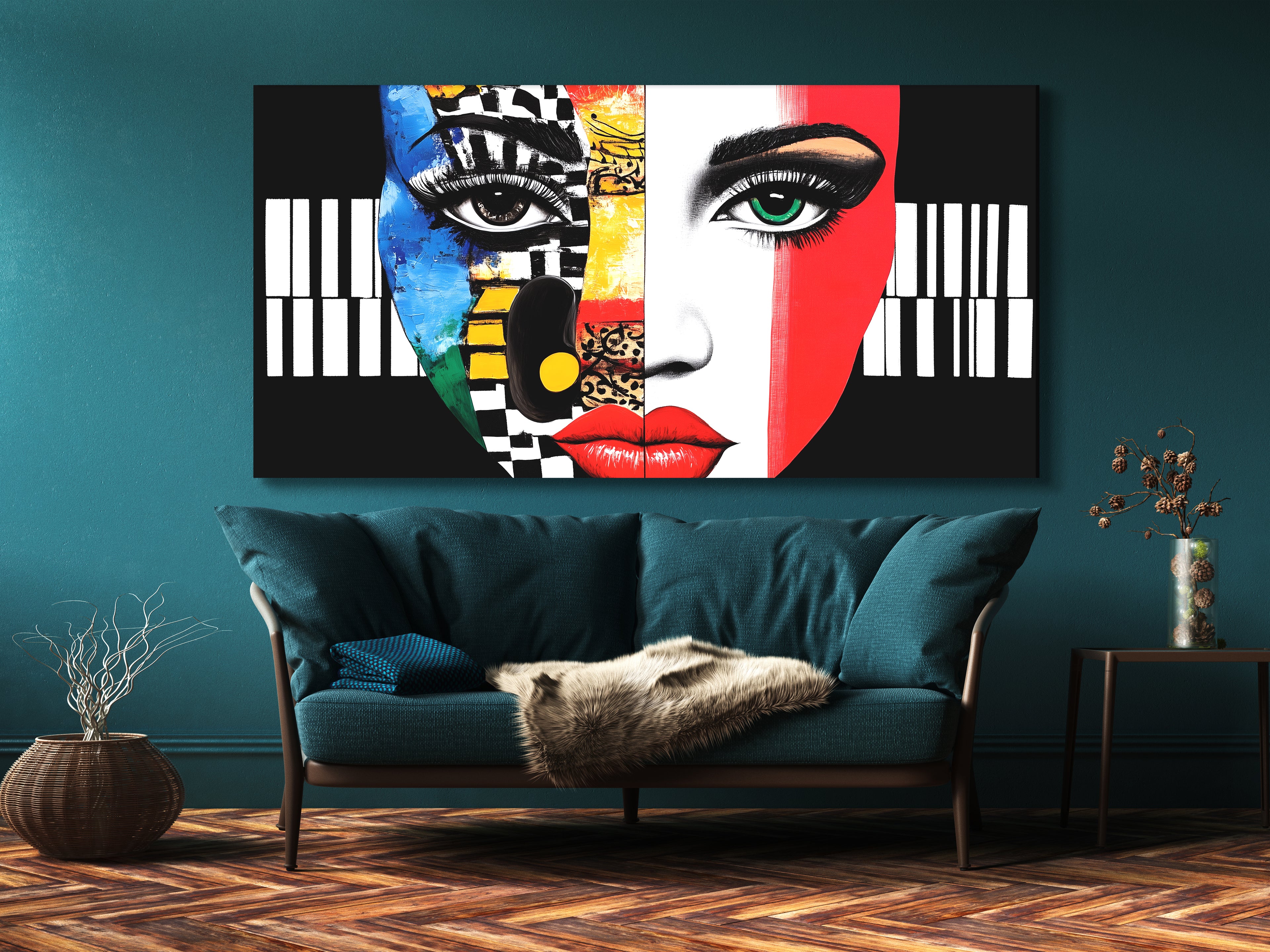 Kleurrijk abstract gezicht en piano canvas print - gedurfde pop-art met muziekthema, levendige gezichtsuitdrukkingen