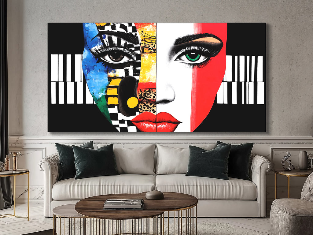 Colorful Abstract Face & Piano Canvas Print – Bold Music-Themed Pop Art, Vibrant Facial Expression Décor