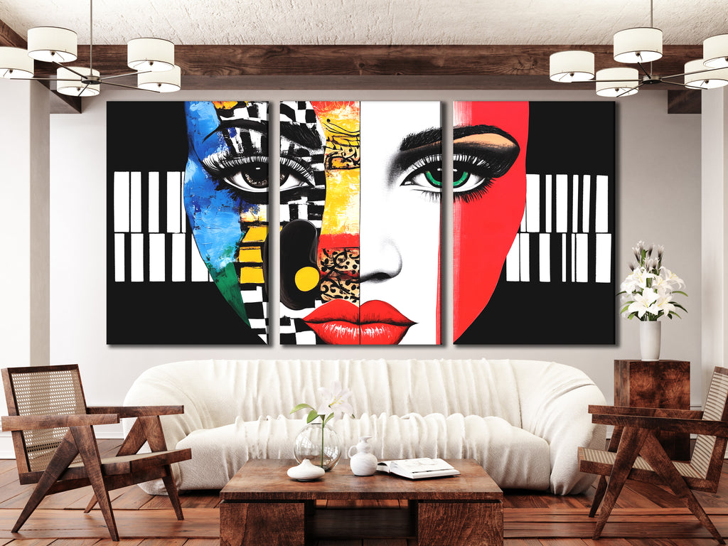 Colorful Abstract Face & Piano Canvas Print – Bold Music-Themed Pop Art, Vibrant Facial Expression Décor