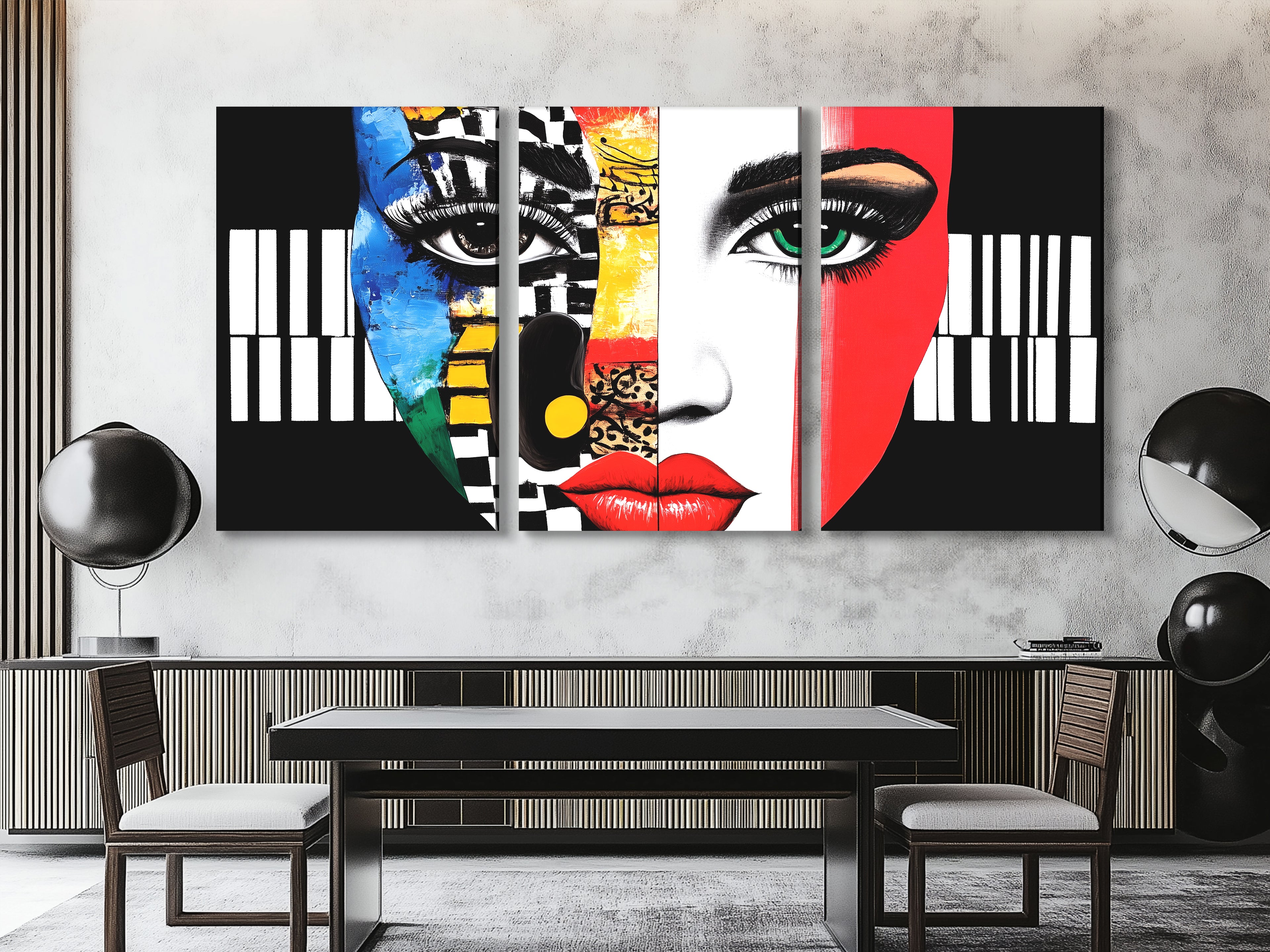 Kleurrijk abstract gezicht en piano canvas print - gedurfde pop-art met muziekthema, levendige gezichtsuitdrukkingen