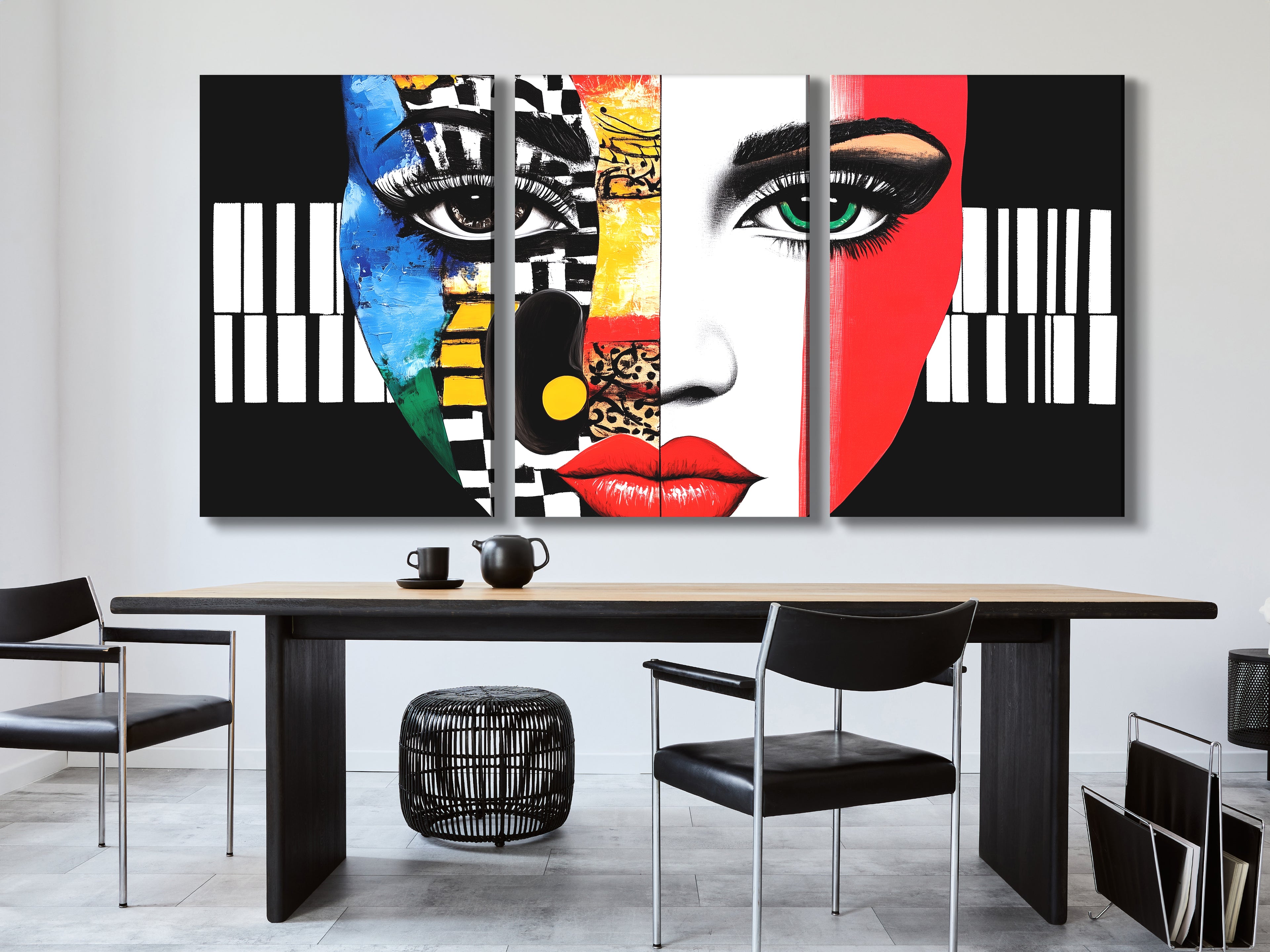 Kleurrijk abstract gezicht en piano canvas print - gedurfde pop-art met muziekthema, levendige gezichtsuitdrukkingen