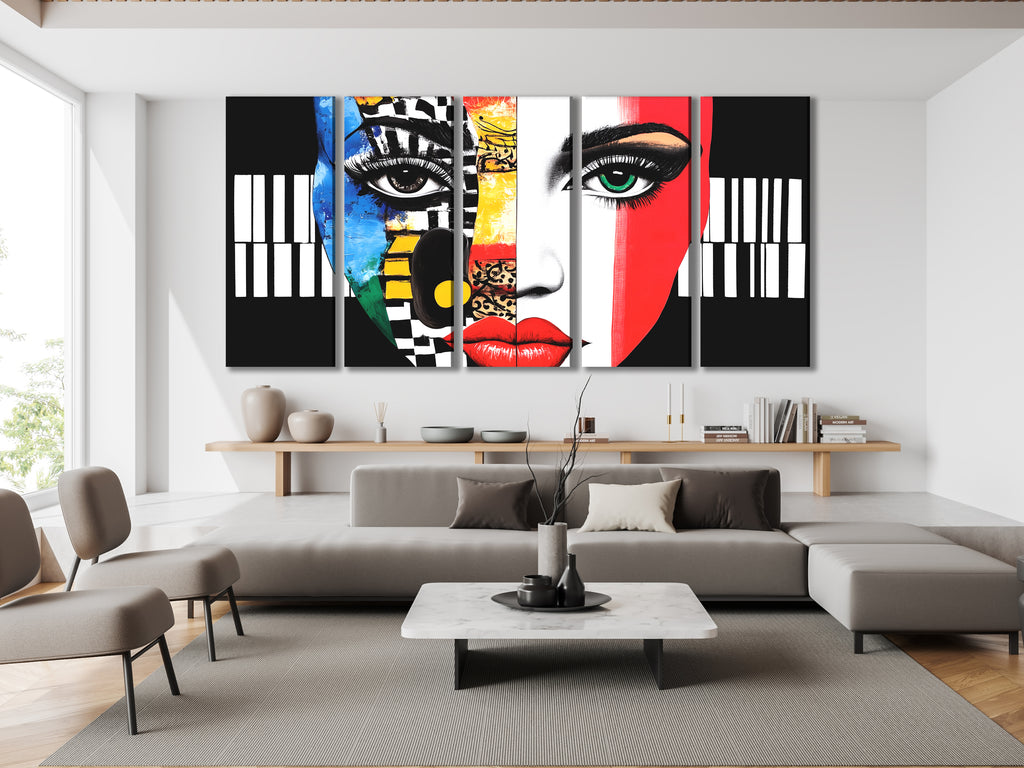Colorful Abstract Face & Piano Canvas Print – Bold Music-Themed Pop Art, Vibrant Facial Expression Décor