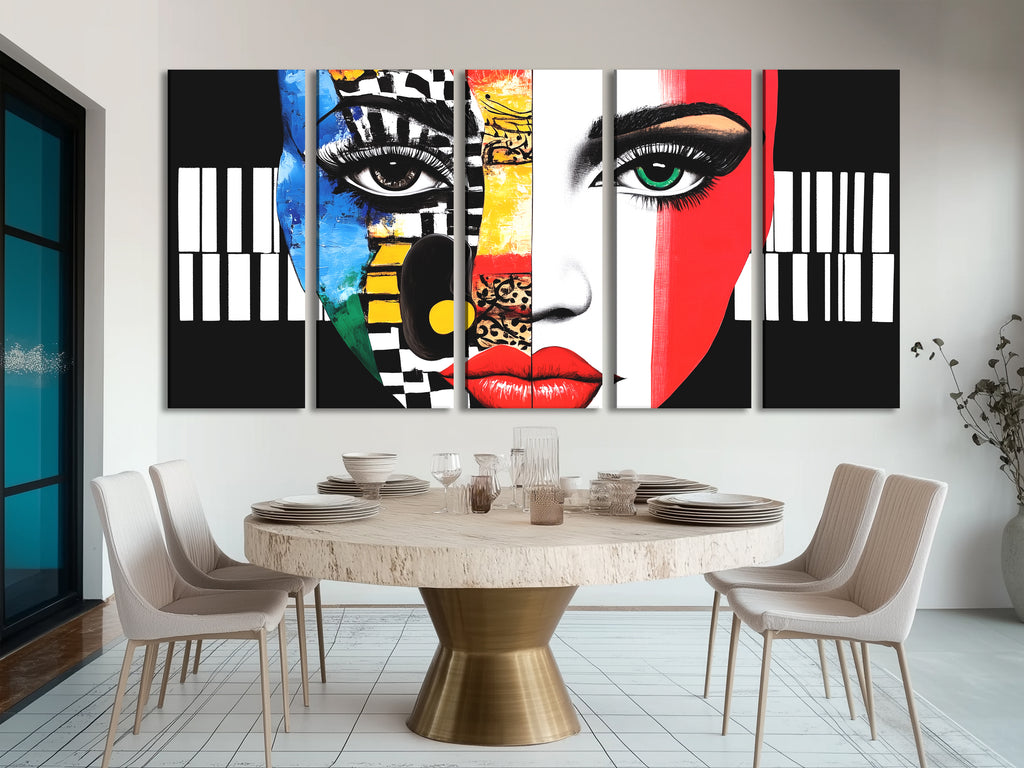 Colorful Abstract Face & Piano Canvas Print – Bold Music-Themed Pop Art, Vibrant Facial Expression Décor