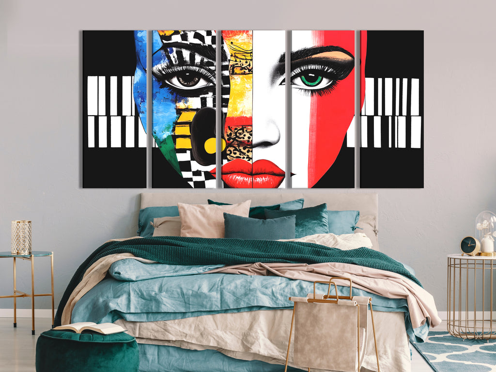 Colorful Abstract Face & Piano Canvas Print – Bold Music-Themed Pop Art, Vibrant Facial Expression Décor