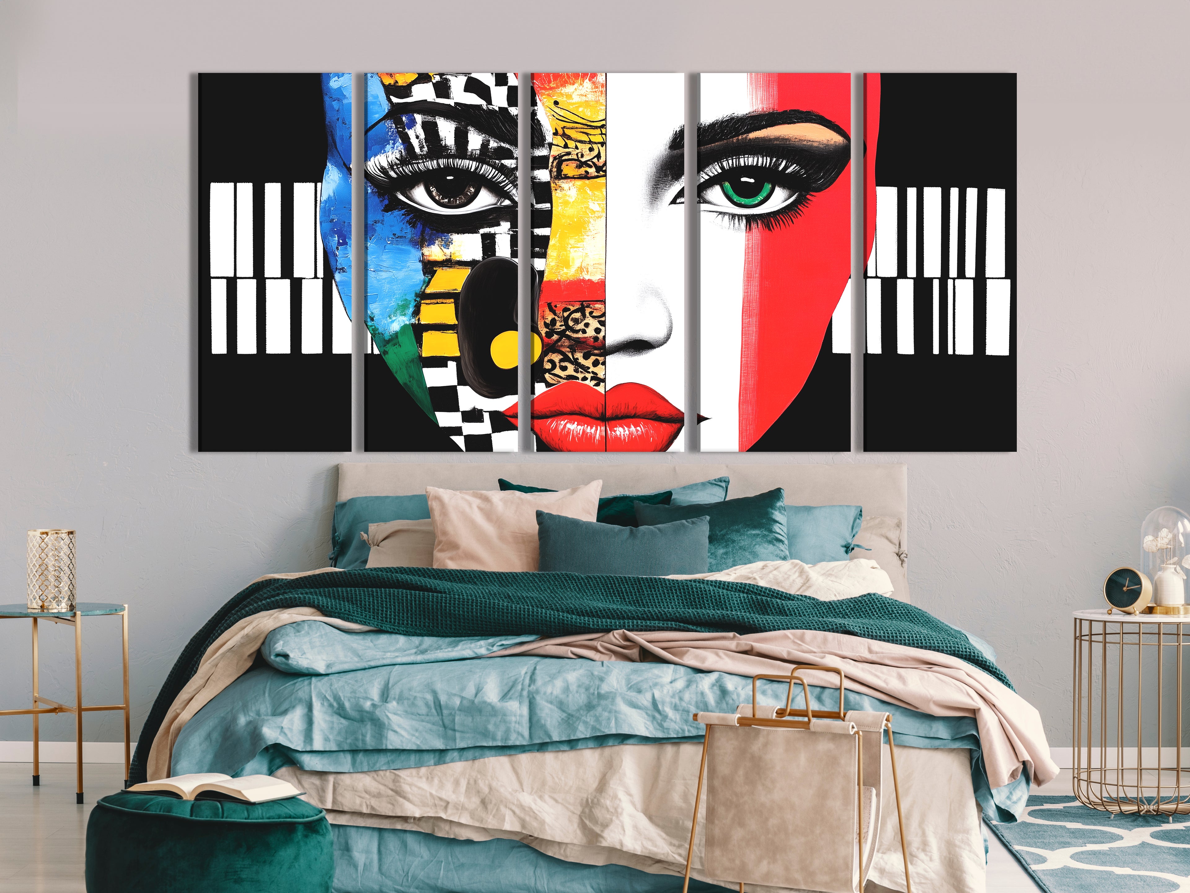 Colorful Abstract Face & Piano Canvas Print – Bold Music-Themed Pop Art, Vibrant Facial Expression Décor