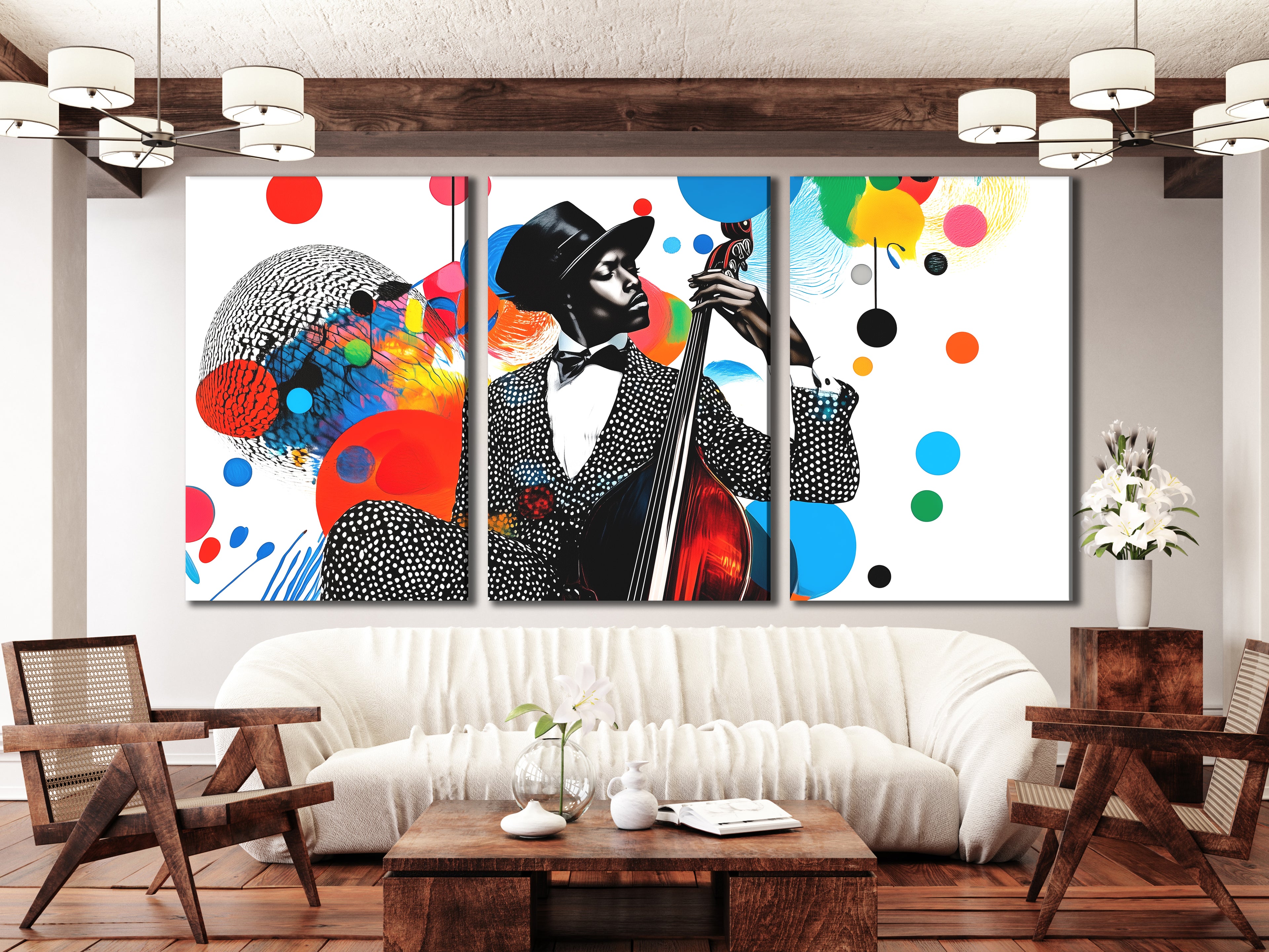 Kleurrijke Jazz Bass Collage Canvas Print – Levendige muziek-geïnspireerde pop-art, opvallend veelkleurig silhouetdecor