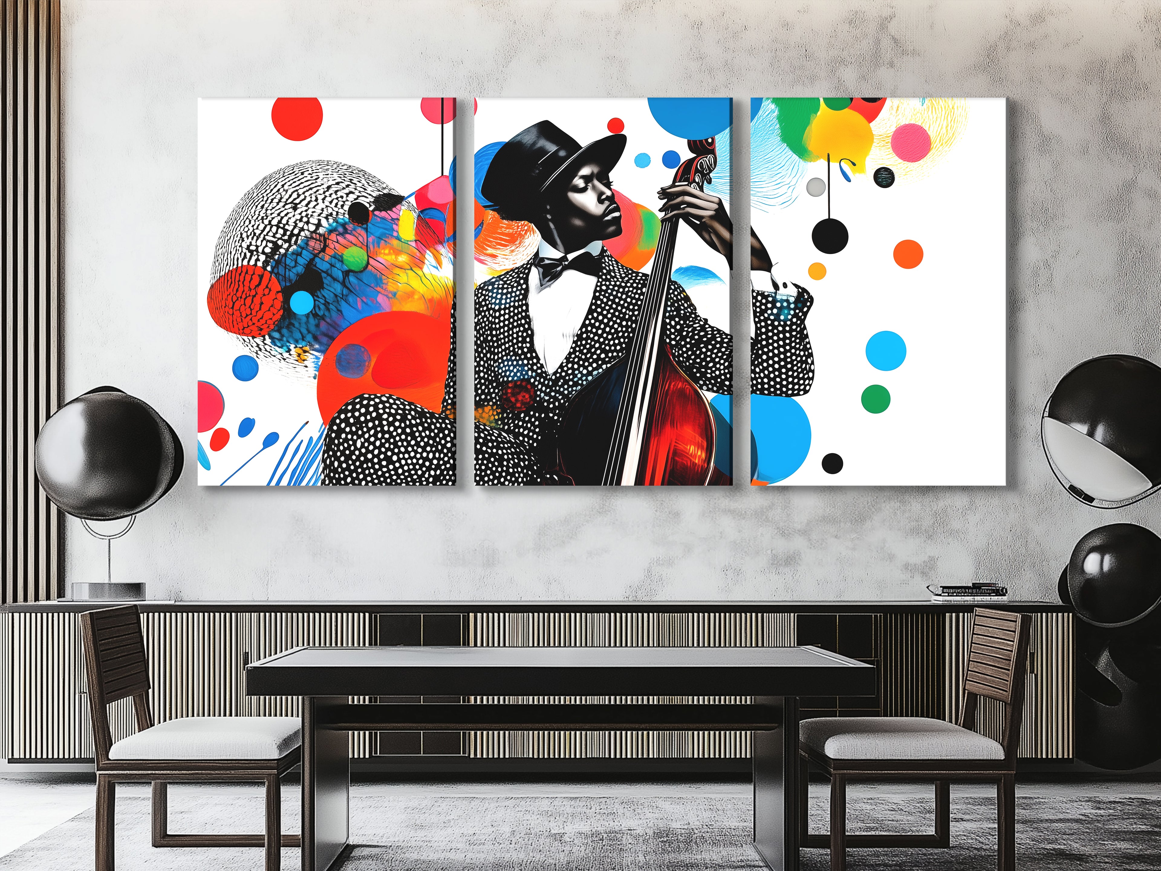 Kleurrijke Jazz Bass Collage Canvas Print – Levendige muziek-geïnspireerde pop-art, opvallend veelkleurig silhouetdecor