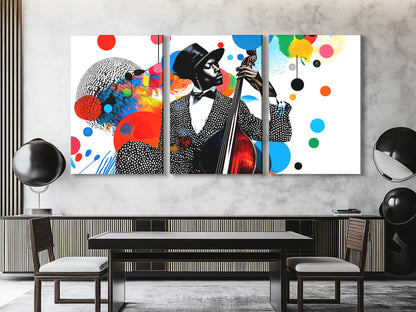 Colorful Jazz Bass Collage Canvas Print – Lively Music-Inspired Pop Art, Bold Multicolor Silhouette Décor