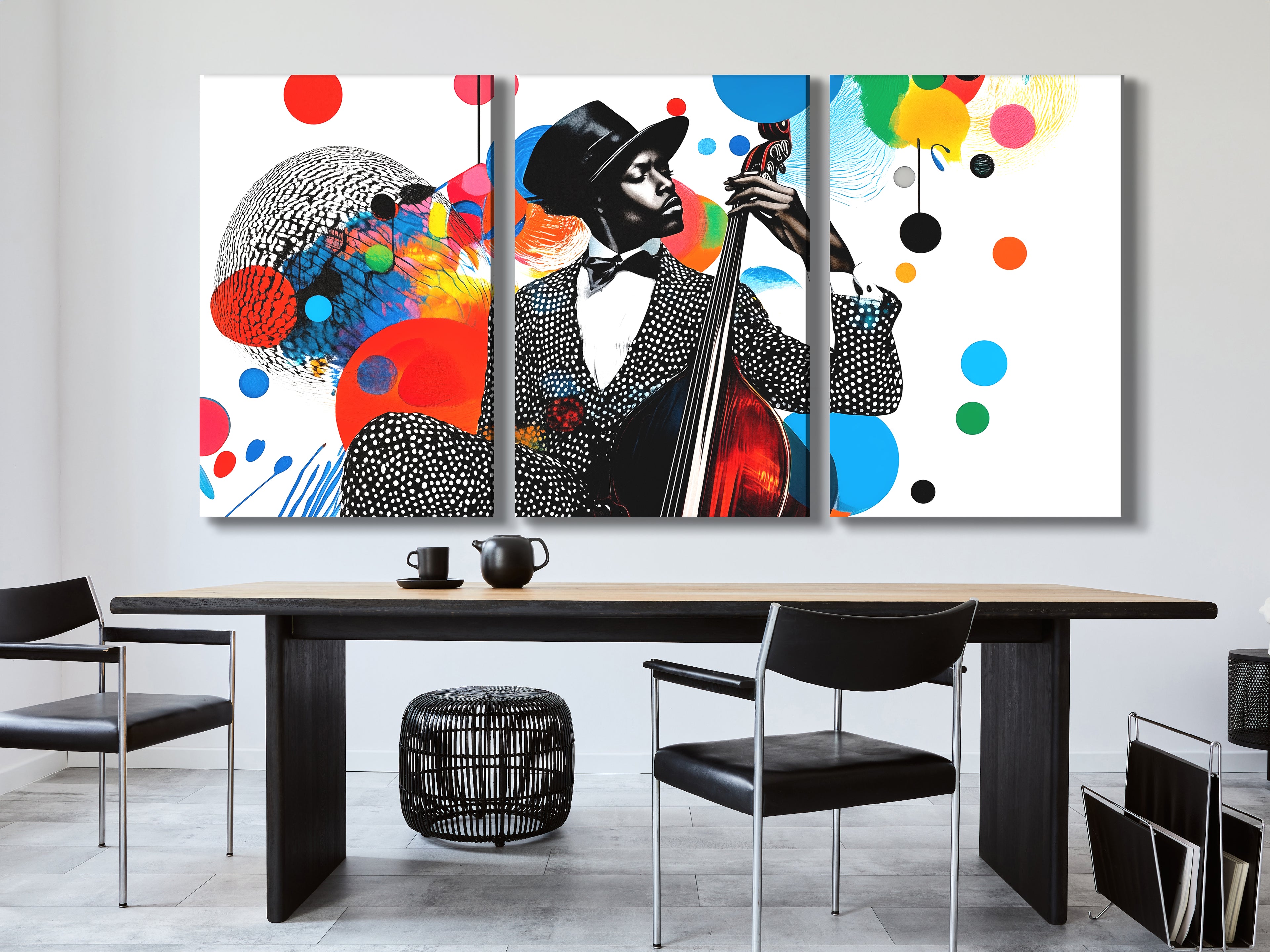 Kleurrijke Jazz Bass Collage Canvas Print – Levendige muziek-geïnspireerde pop-art, opvallend veelkleurig silhouetdecor