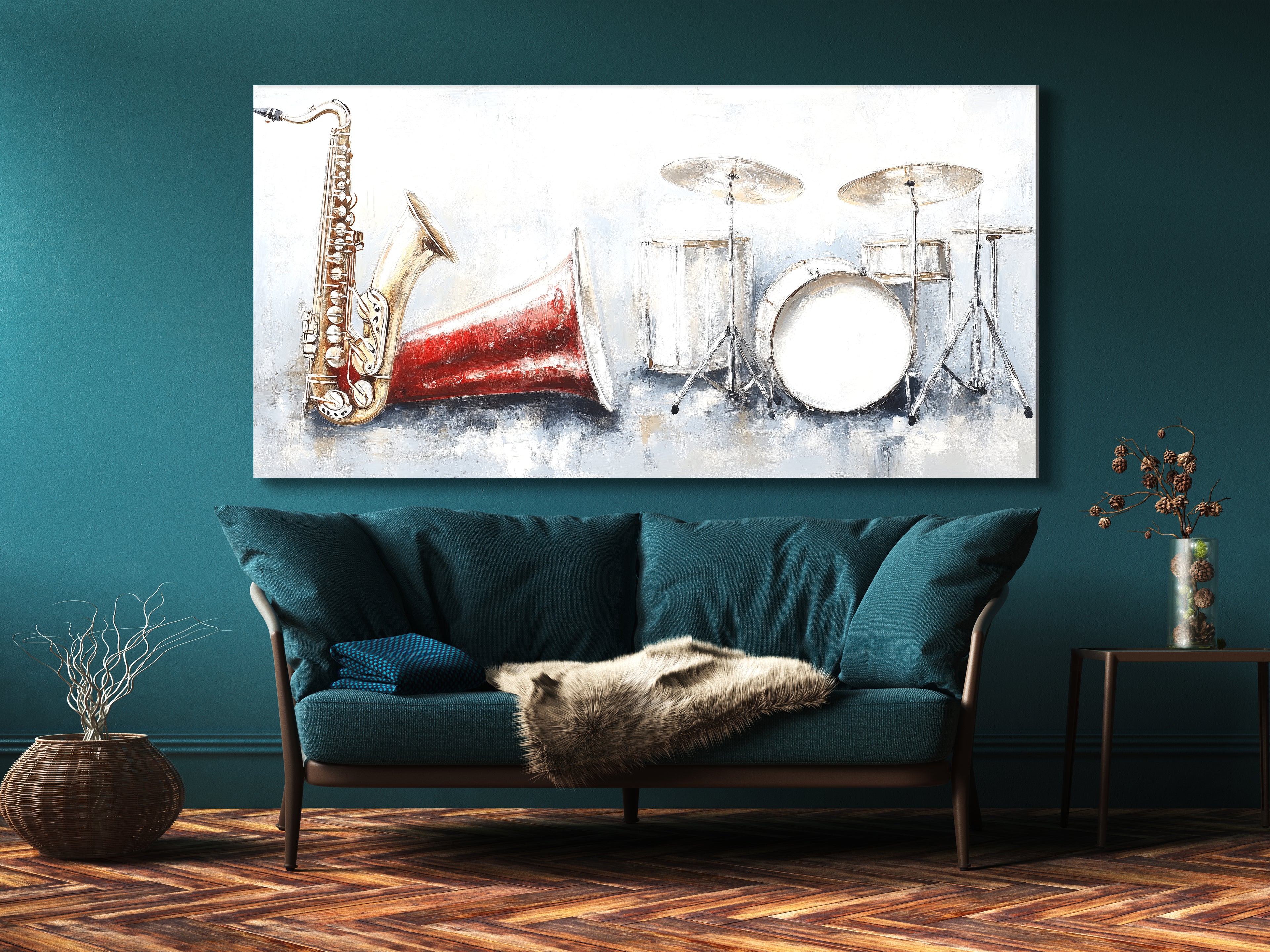 Canvasprint van saxofoon en drumstel – Vintage rode hoornmuziekdecoratie, expressieve penseelstreekkunst