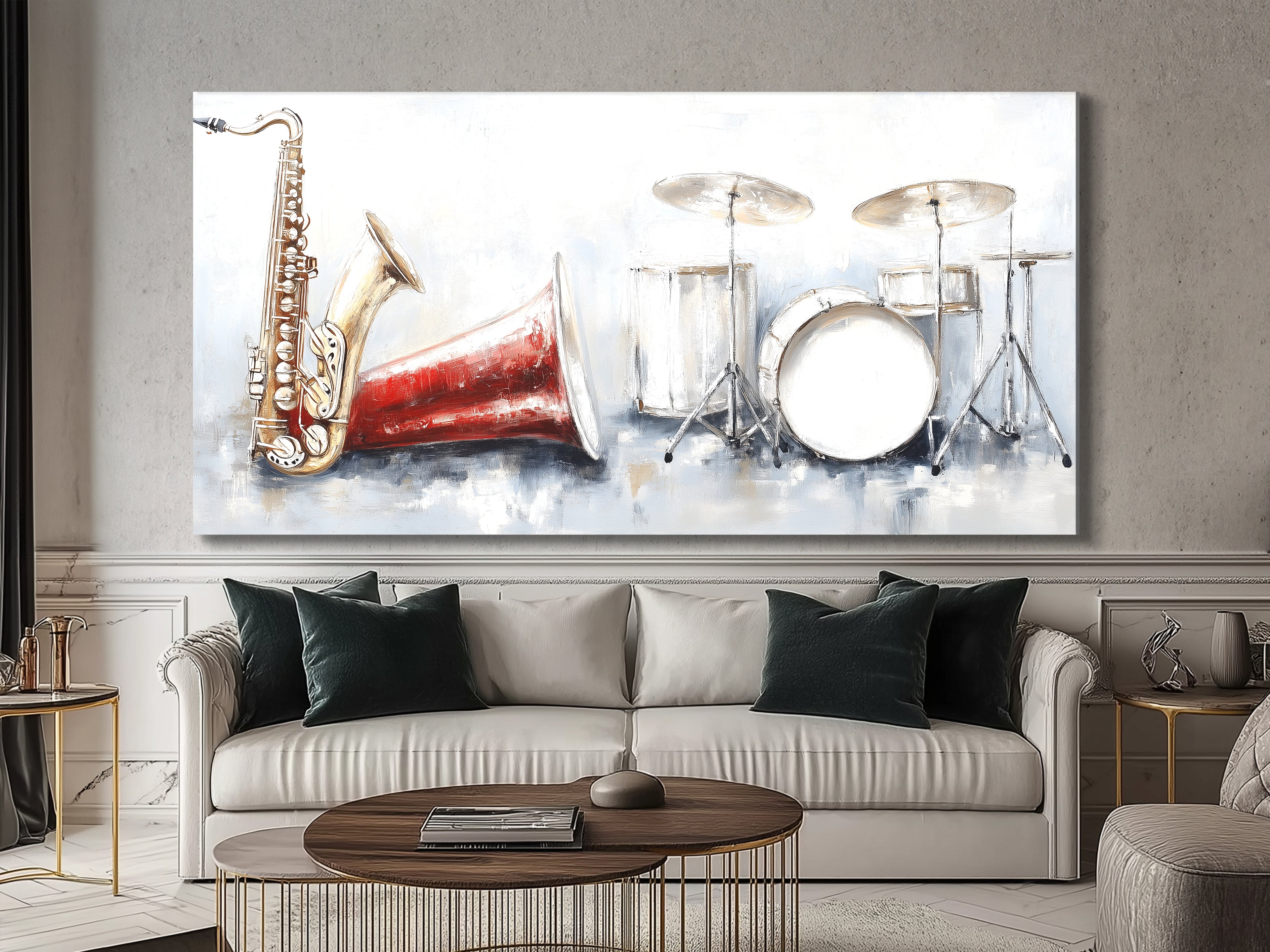 Canvasprint van saxofoon en drumstel – Vintage rode hoornmuziekdecoratie, expressieve penseelstreekkunst