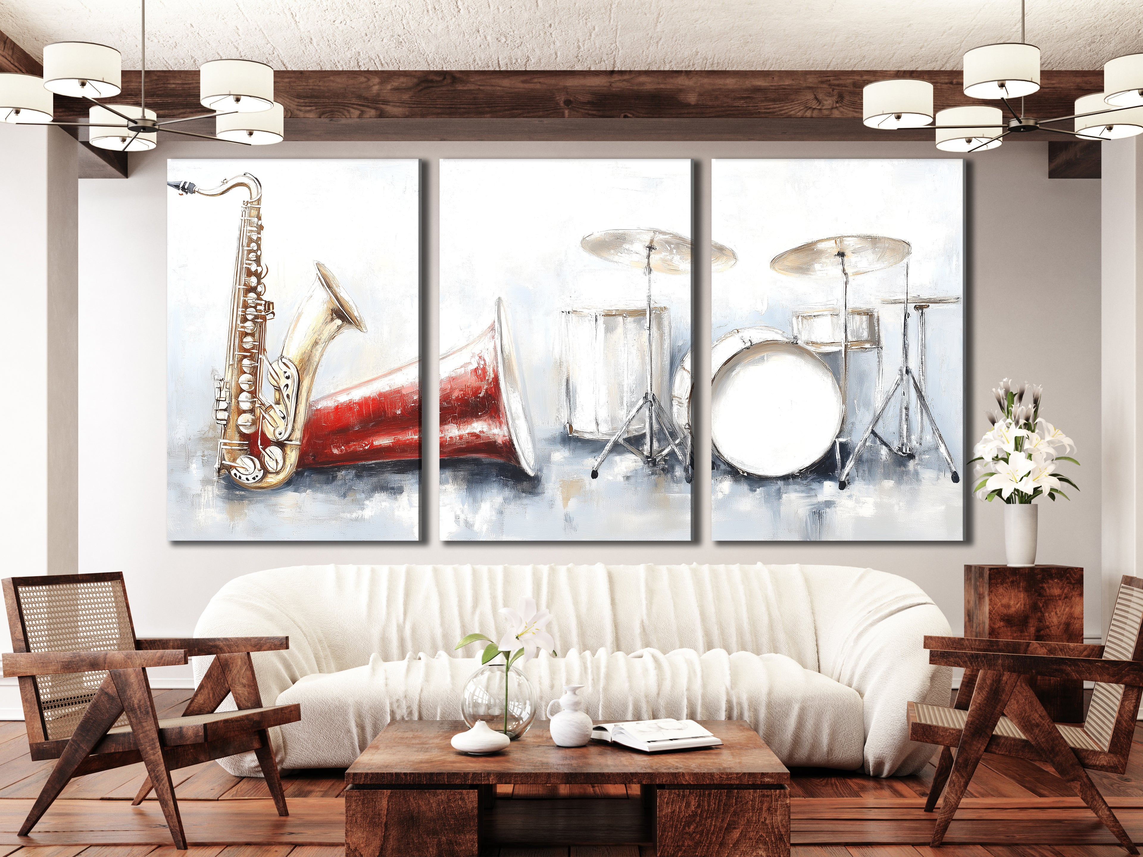 Canvasprint van saxofoon en drumstel – Vintage rode hoornmuziekdecoratie, expressieve penseelstreekkunst
