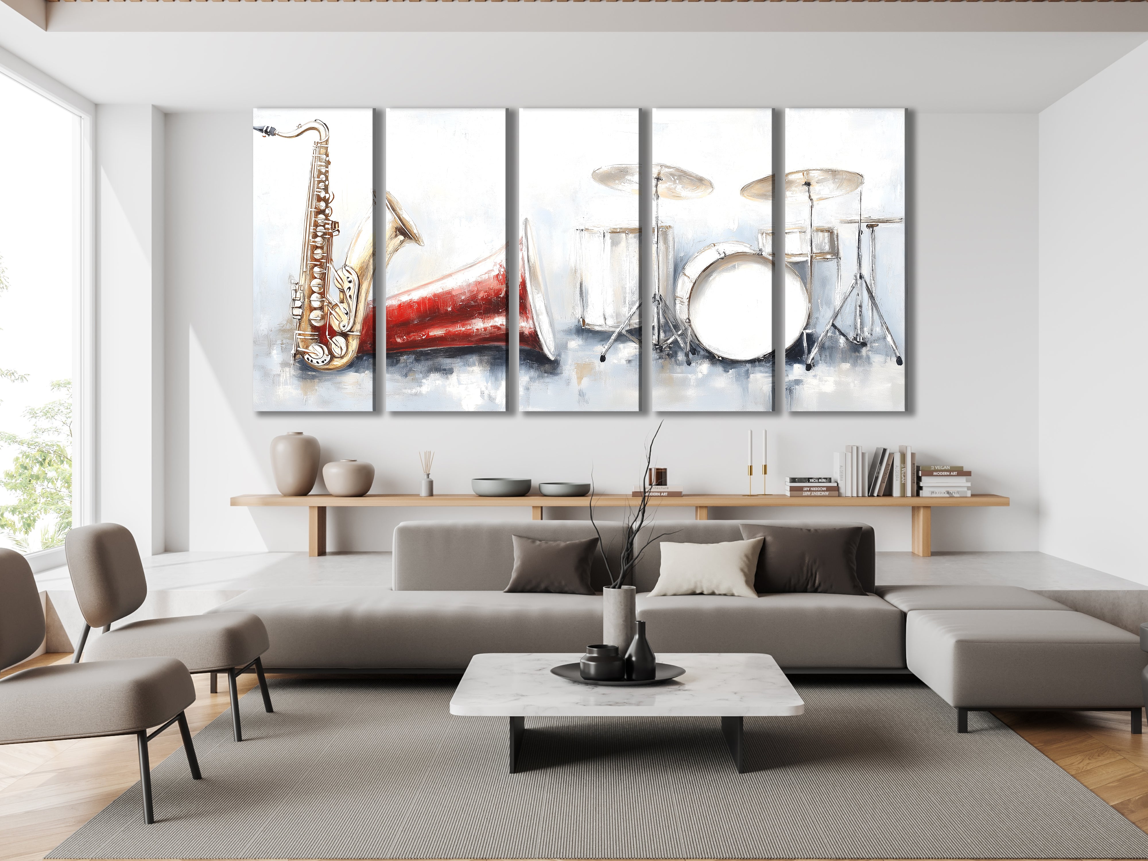 Five-panel sax and drum wall art over modern sofa