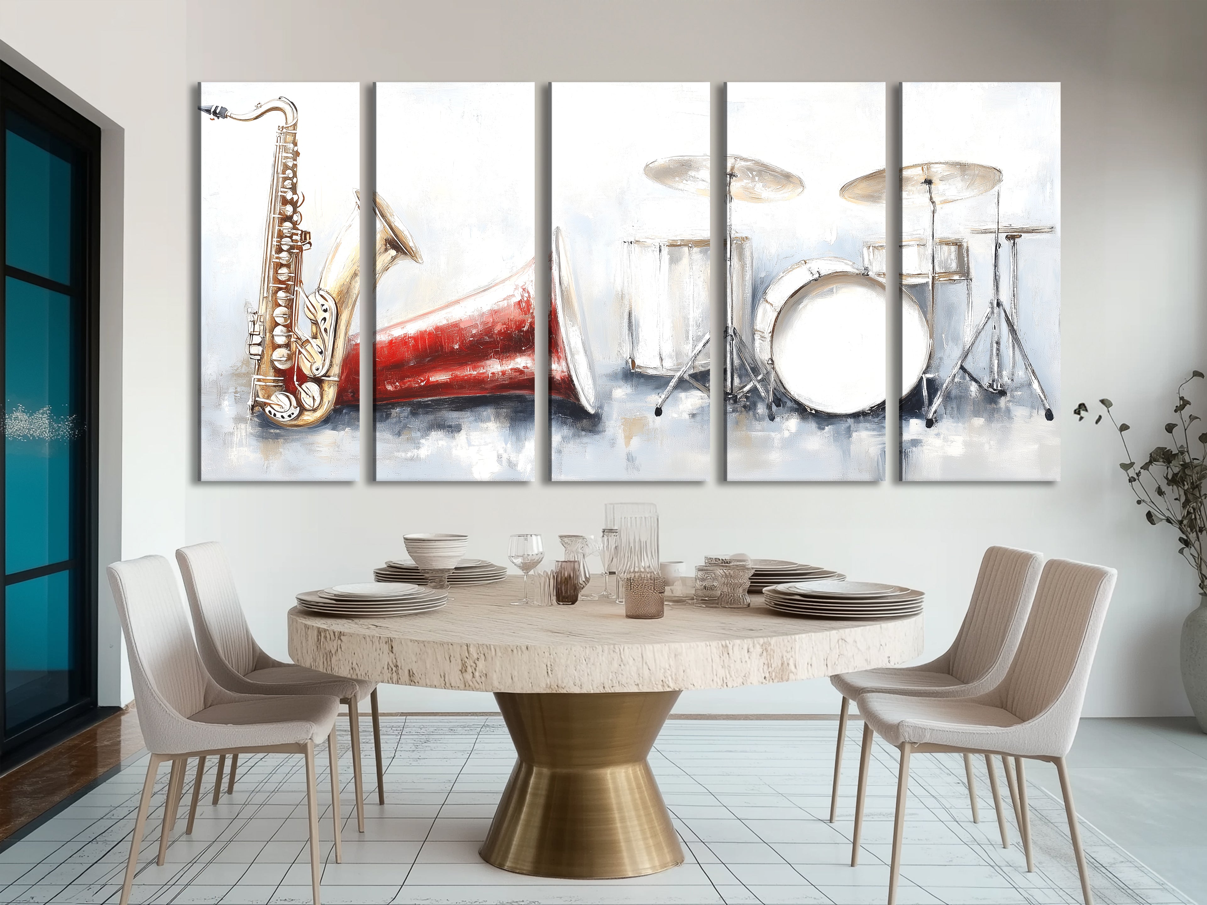 Canvasprint van saxofoon en drumstel – Vintage rode hoornmuziekdecoratie, expressieve penseelstreekkunst