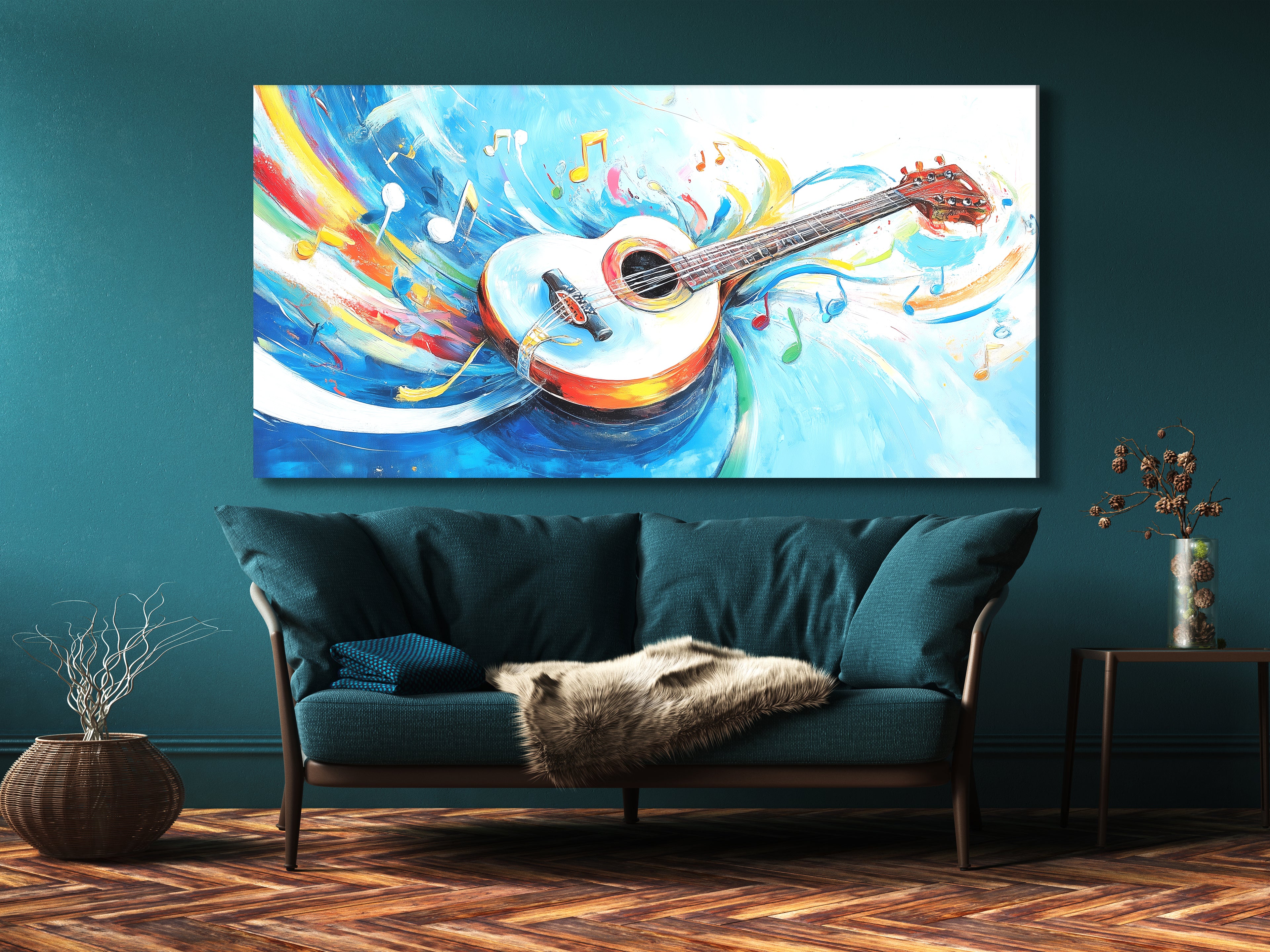 Canvasprint met witte akoestische gitaar – kleurrijk kunstwerk met muzieknoten, helder, grillig decor