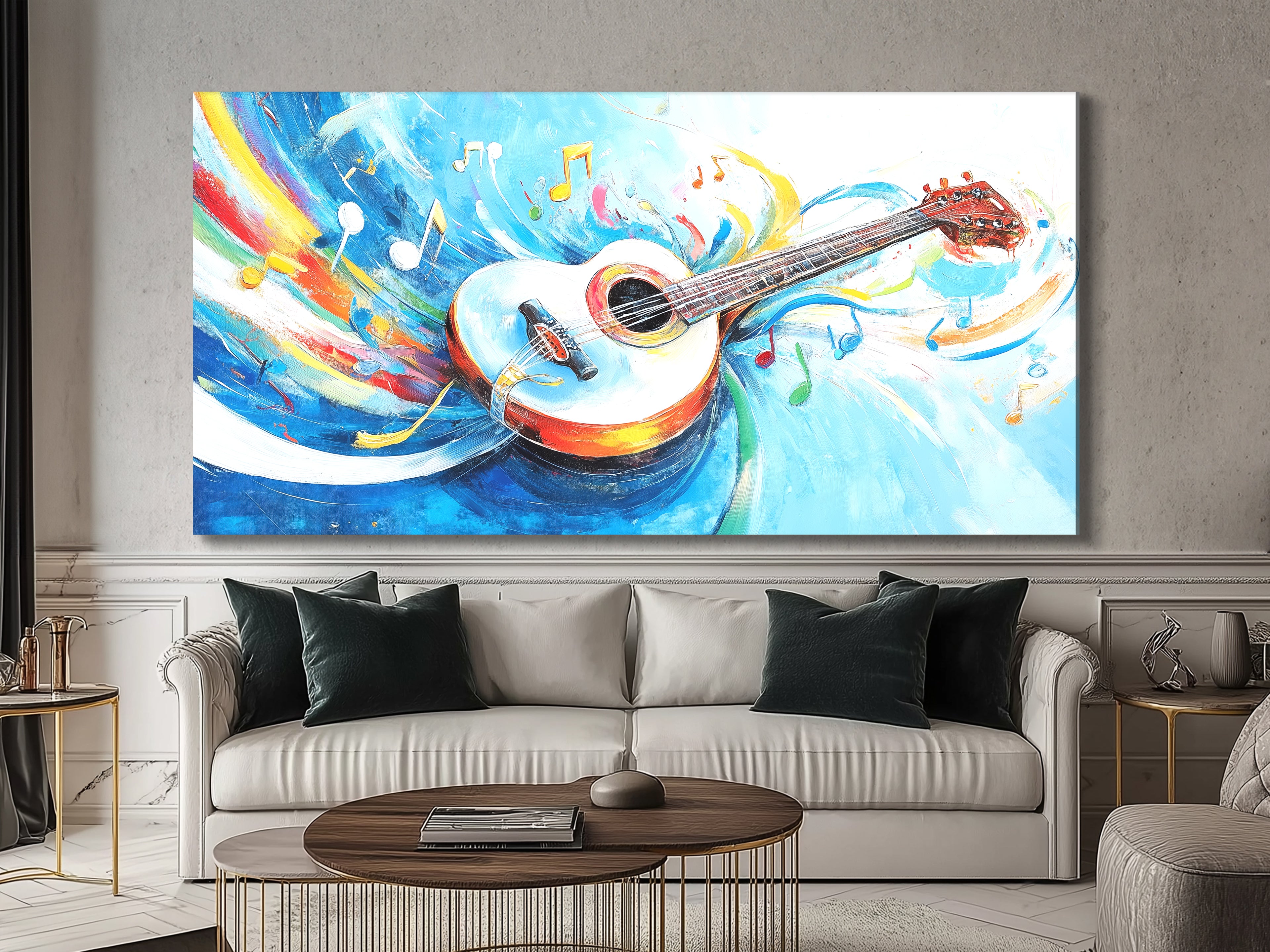 Canvasprint met witte akoestische gitaar – kleurrijk kunstwerk met muzieknoten, helder, grillig decor