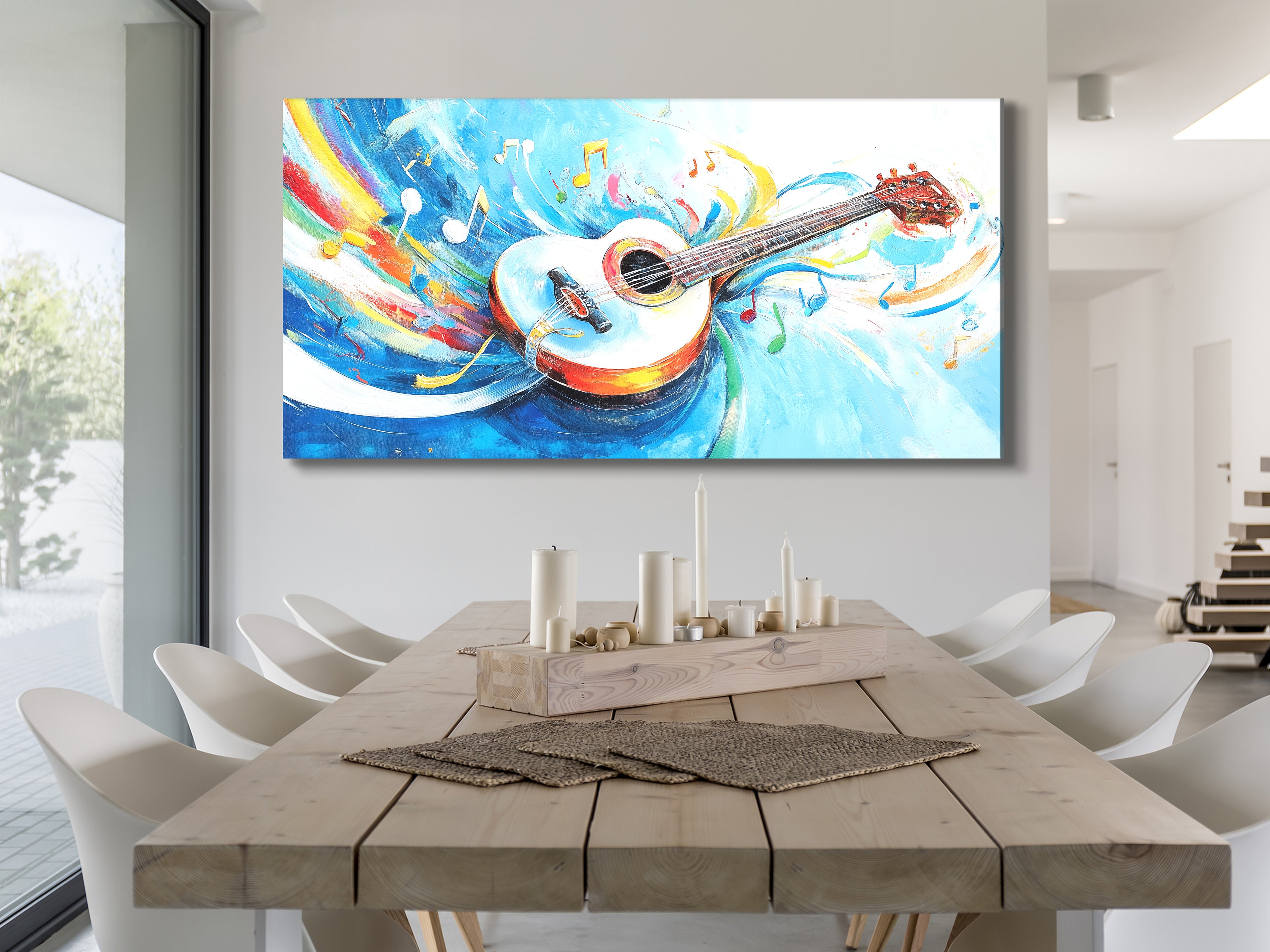 Canvasprint met witte akoestische gitaar – kleurrijk kunstwerk met muzieknoten, helder, grillig decor