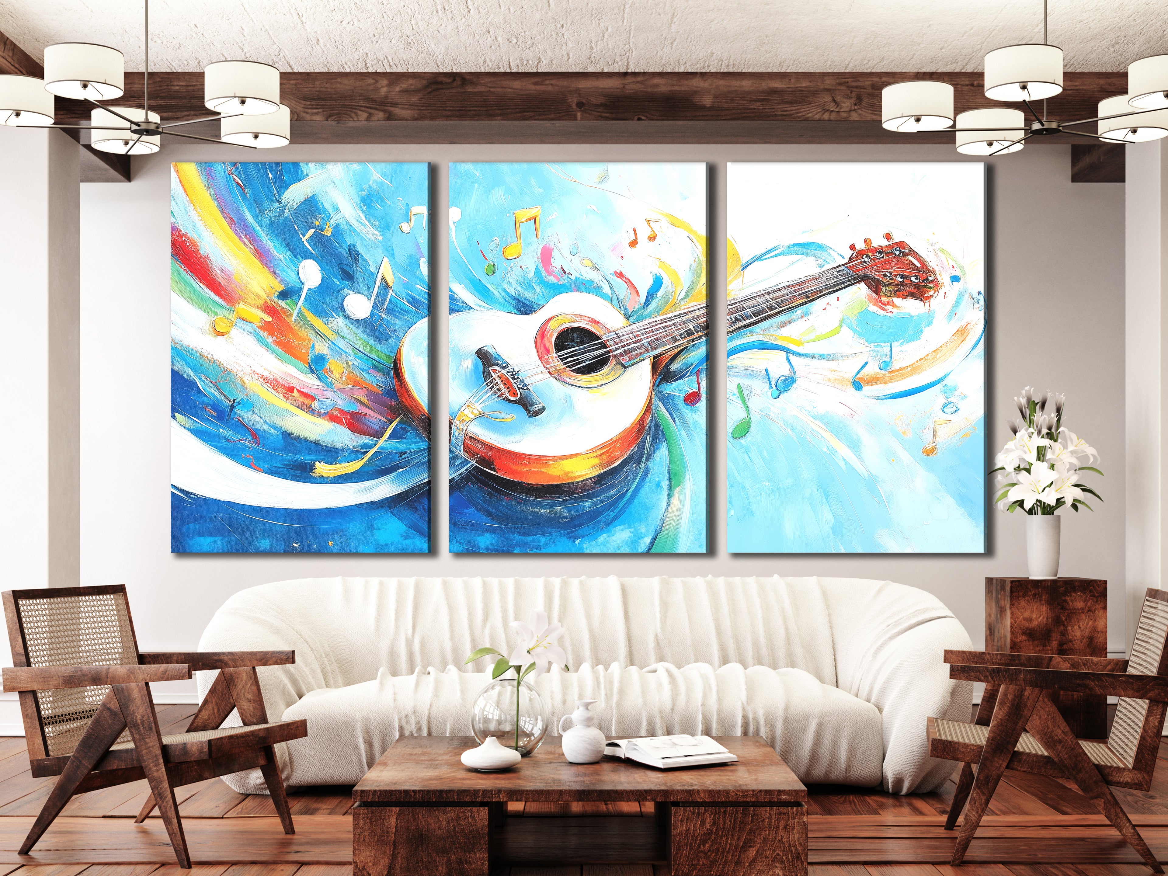 Canvasprint met witte akoestische gitaar – kleurrijk kunstwerk met muzieknoten, helder, grillig decor