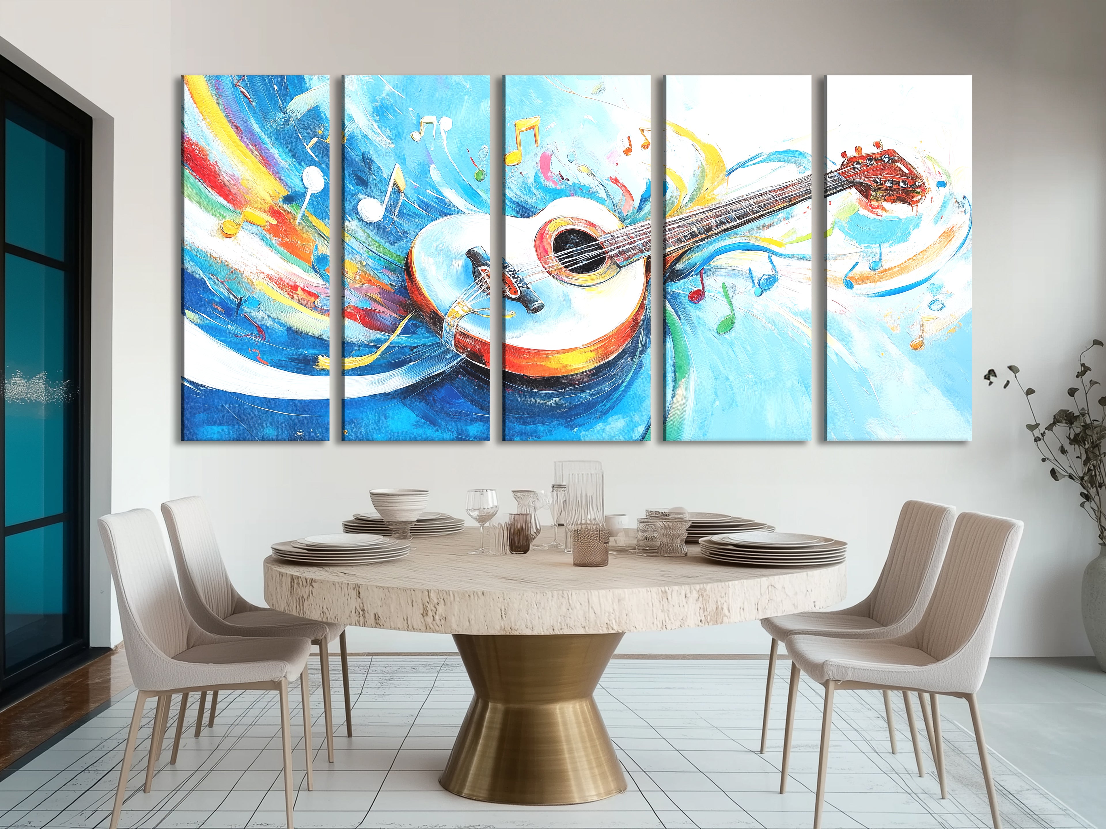 Canvasprint met witte akoestische gitaar – kleurrijk kunstwerk met muzieknoten, helder, grillig decor