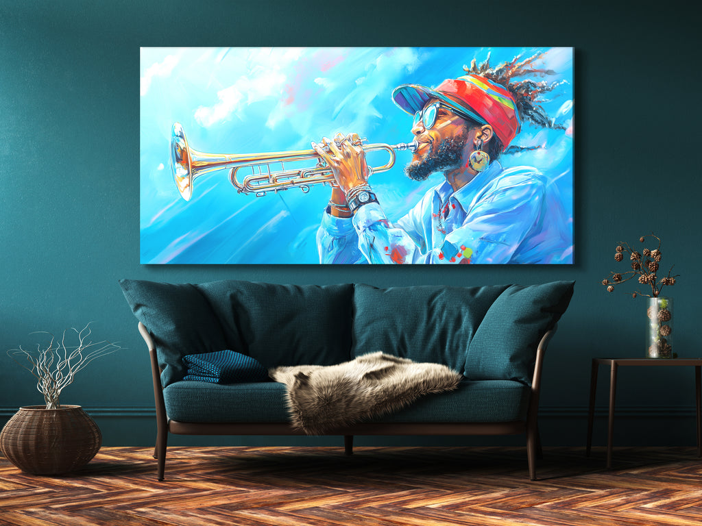 Canvasprint van een Trompettist met een Hemels Hoogtepunt – Coole Jazz Vibes, Gedurfd Blauw Hemels Koper Kunstwerk