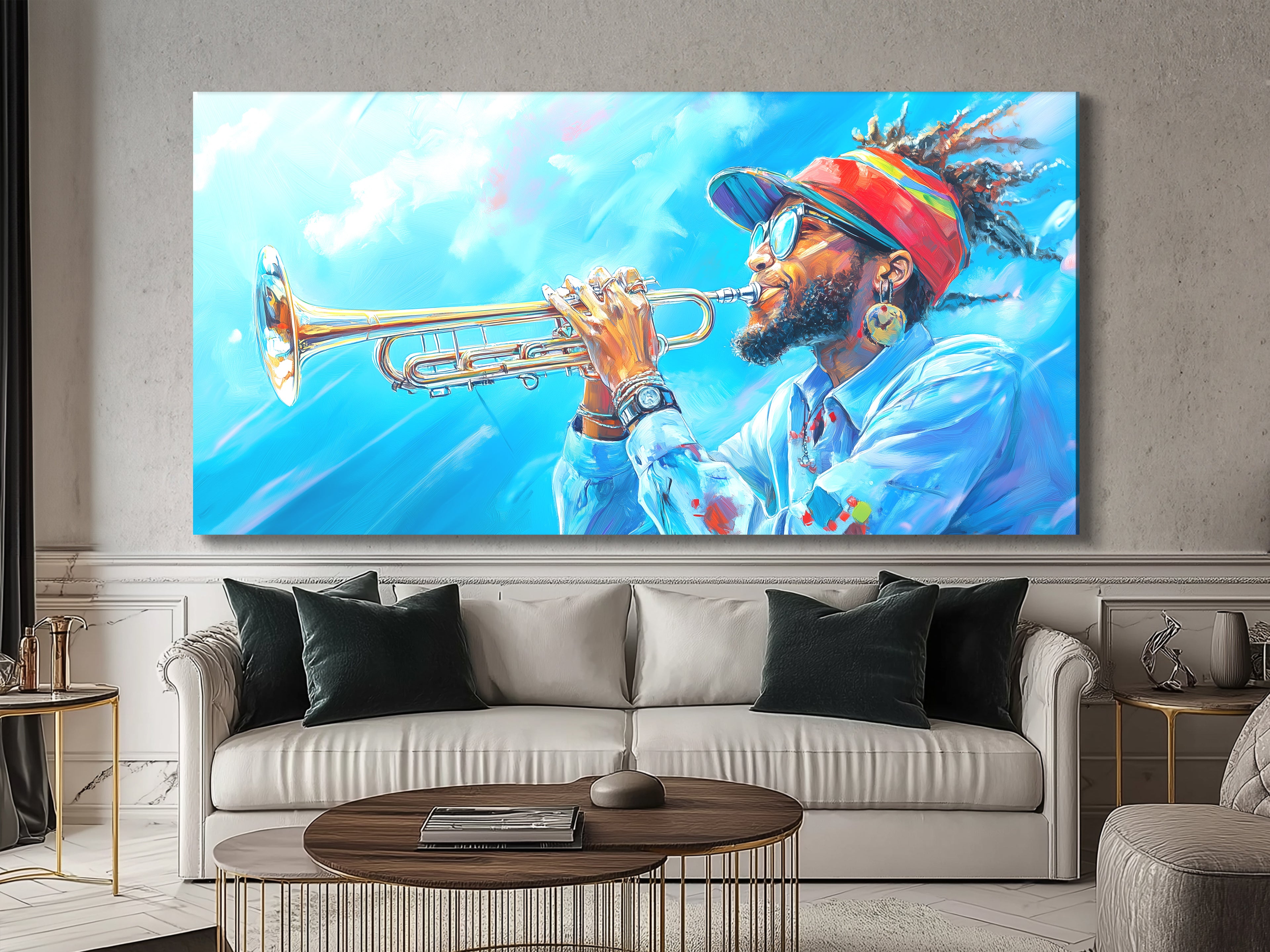 Canvasprint van een Trompettist met een Hemels Hoogtepunt – Coole Jazz Vibes, Gedurfd Blauw Hemels Koper Kunstwerk