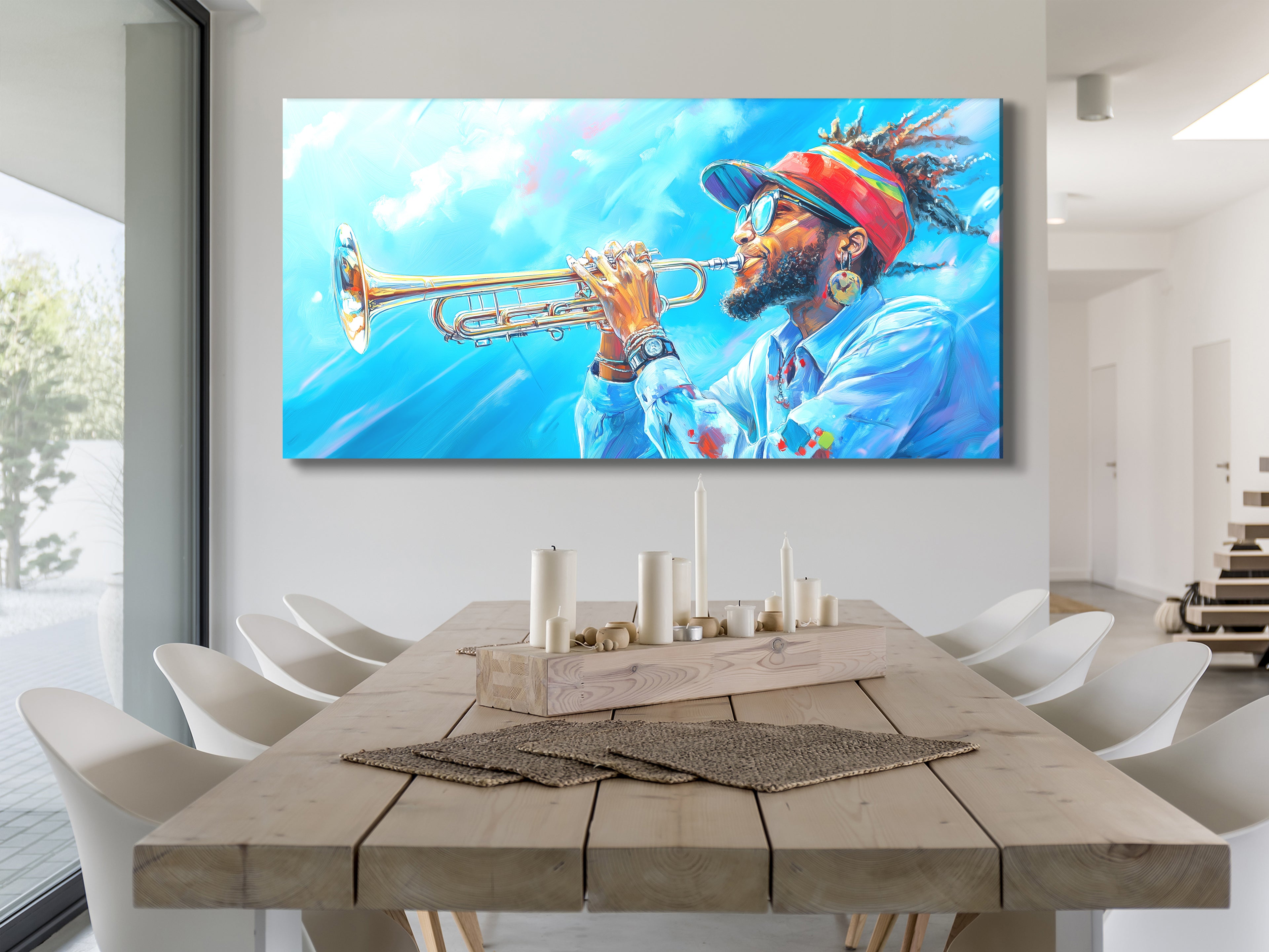 Canvasprint van een Trompettist met een Hemels Hoogtepunt – Coole Jazz Vibes, Gedurfd Blauw Hemels Koper Kunstwerk