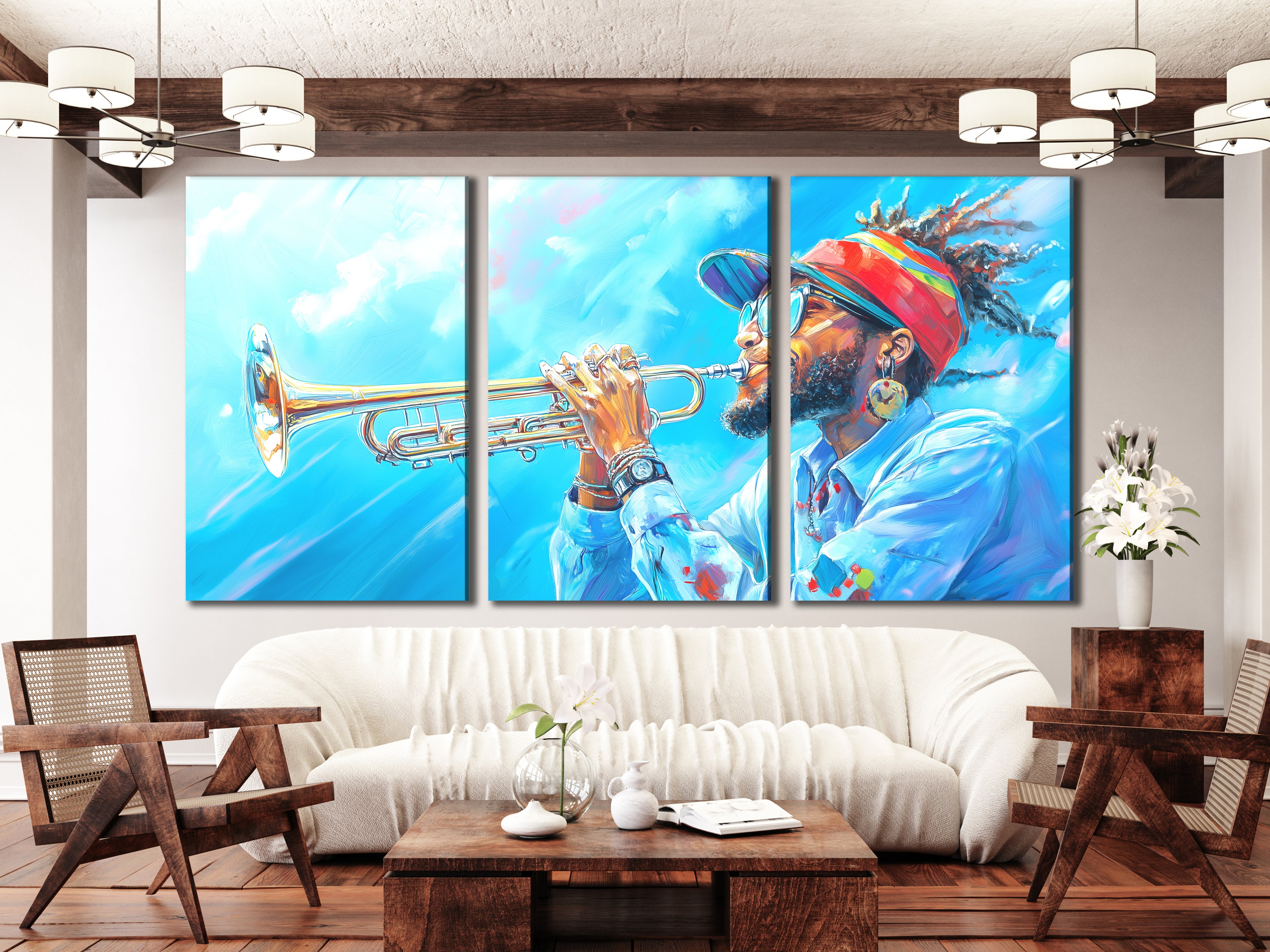Canvasprint van een Trompettist met een Hemels Hoogtepunt – Coole Jazz Vibes, Gedurfd Blauw Hemels Koper Kunstwerk