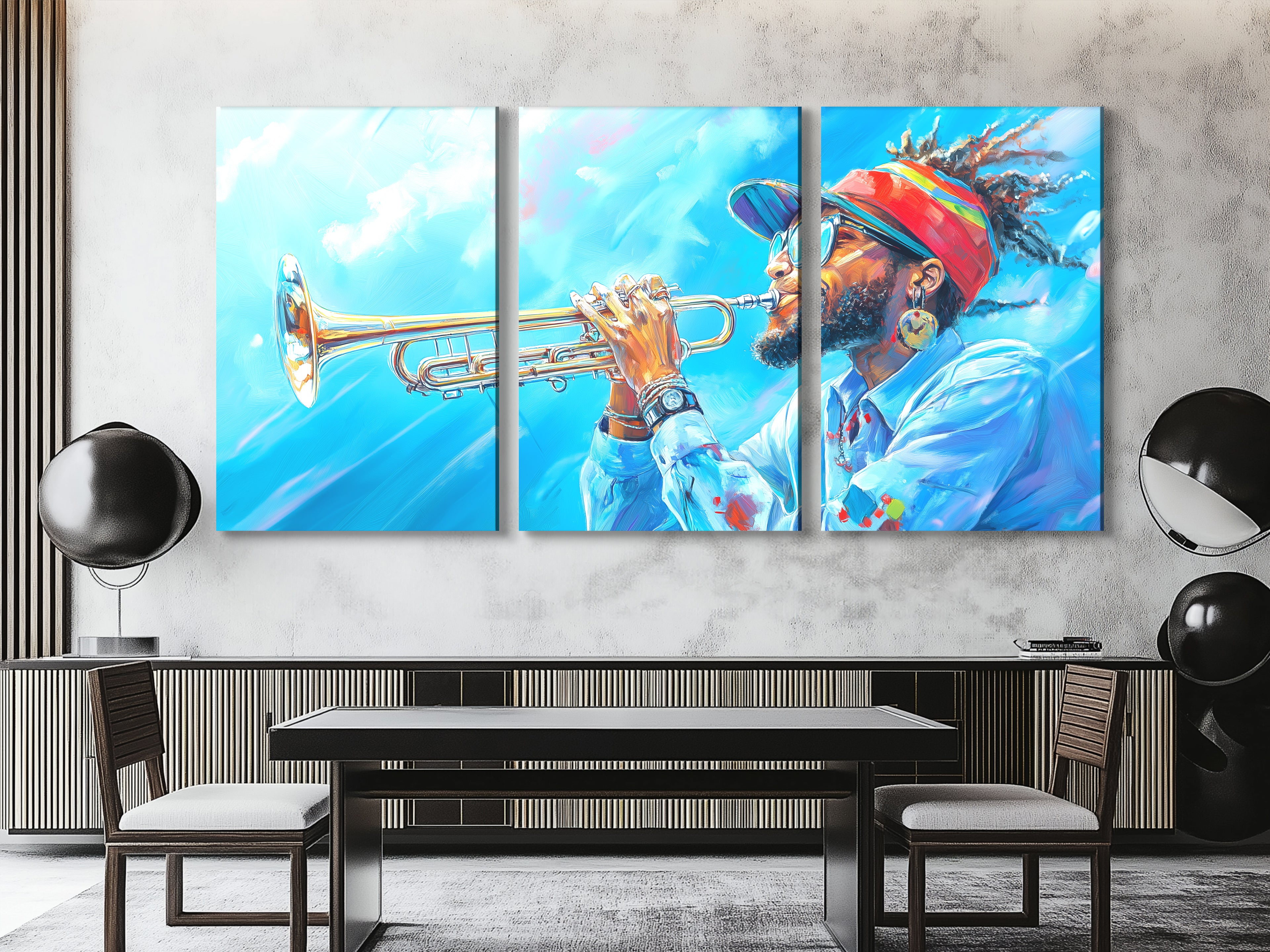 Canvasprint van een Trompettist met een Hemels Hoogtepunt – Coole Jazz Vibes, Gedurfd Blauw Hemels Koper Kunstwerk