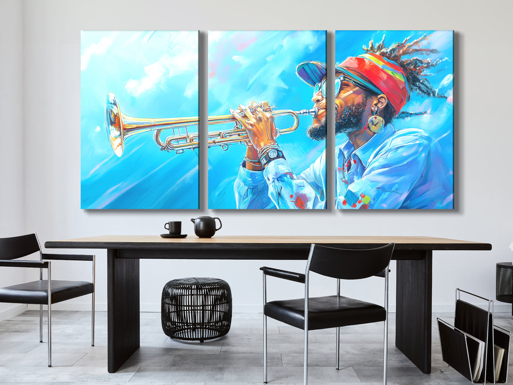 Canvasprint van een Trompettist met een Hemels Hoogtepunt – Coole Jazz Vibes, Gedurfd Blauw Hemels Koper Kunstwerk