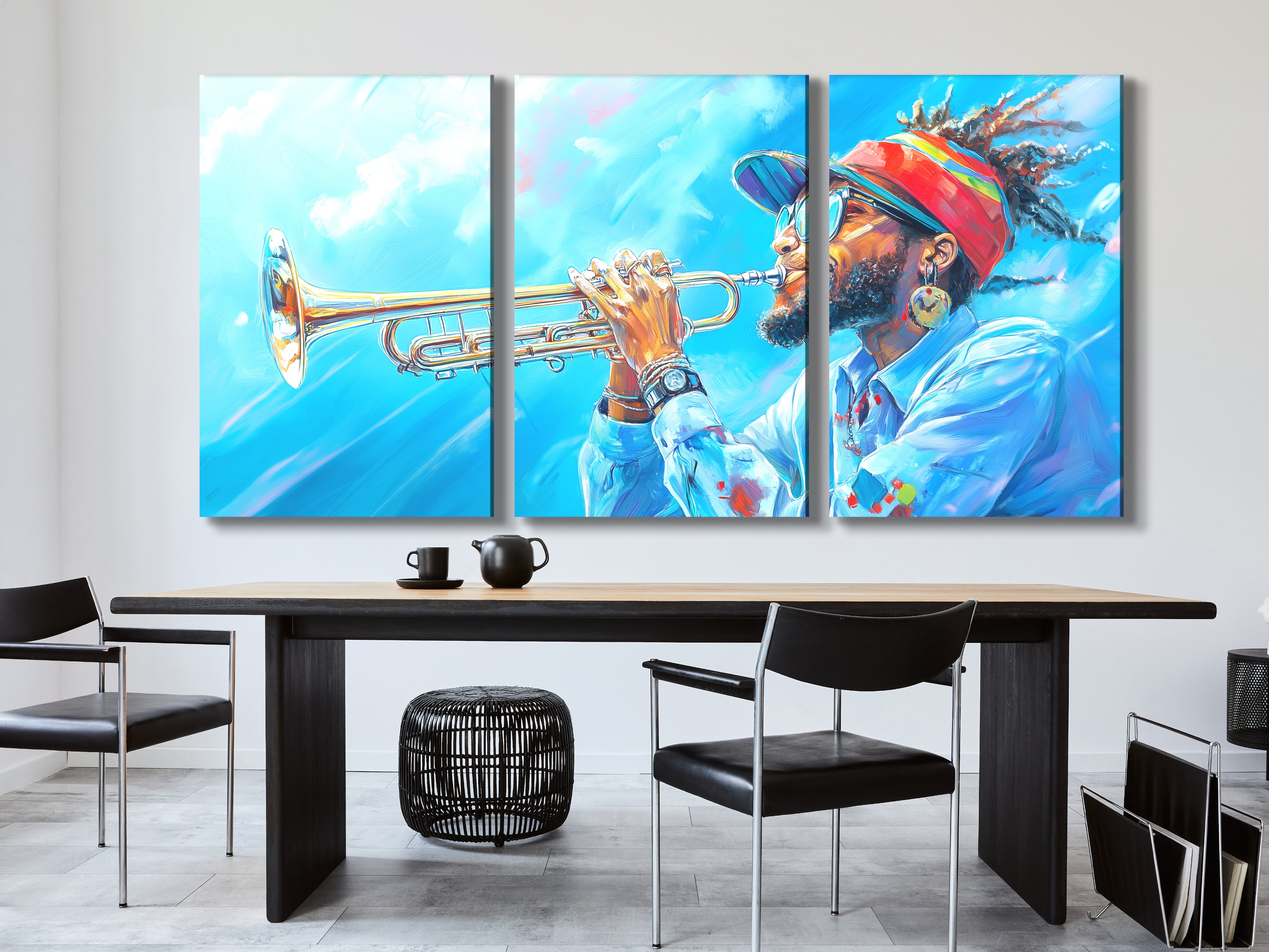 Canvasprint van een Trompettist met een Hemels Hoogtepunt – Coole Jazz Vibes, Gedurfd Blauw Hemels Koper Kunstwerk
